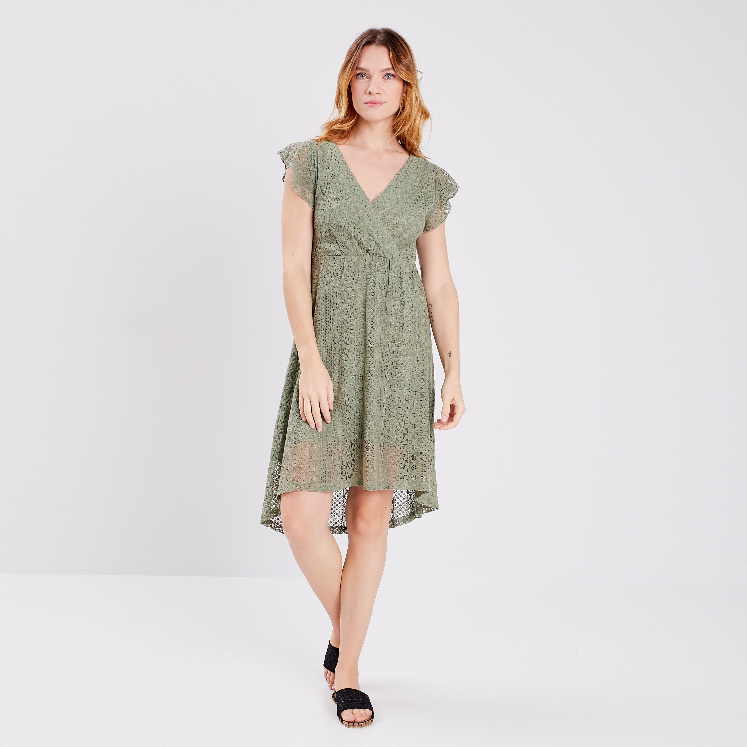 Robe évasée en dentelle vert kaki femme | La Halle