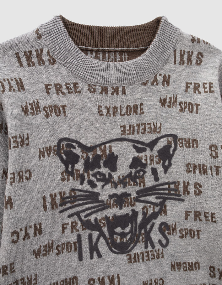 Pull réversible gris et kaki jacquard typo garçon