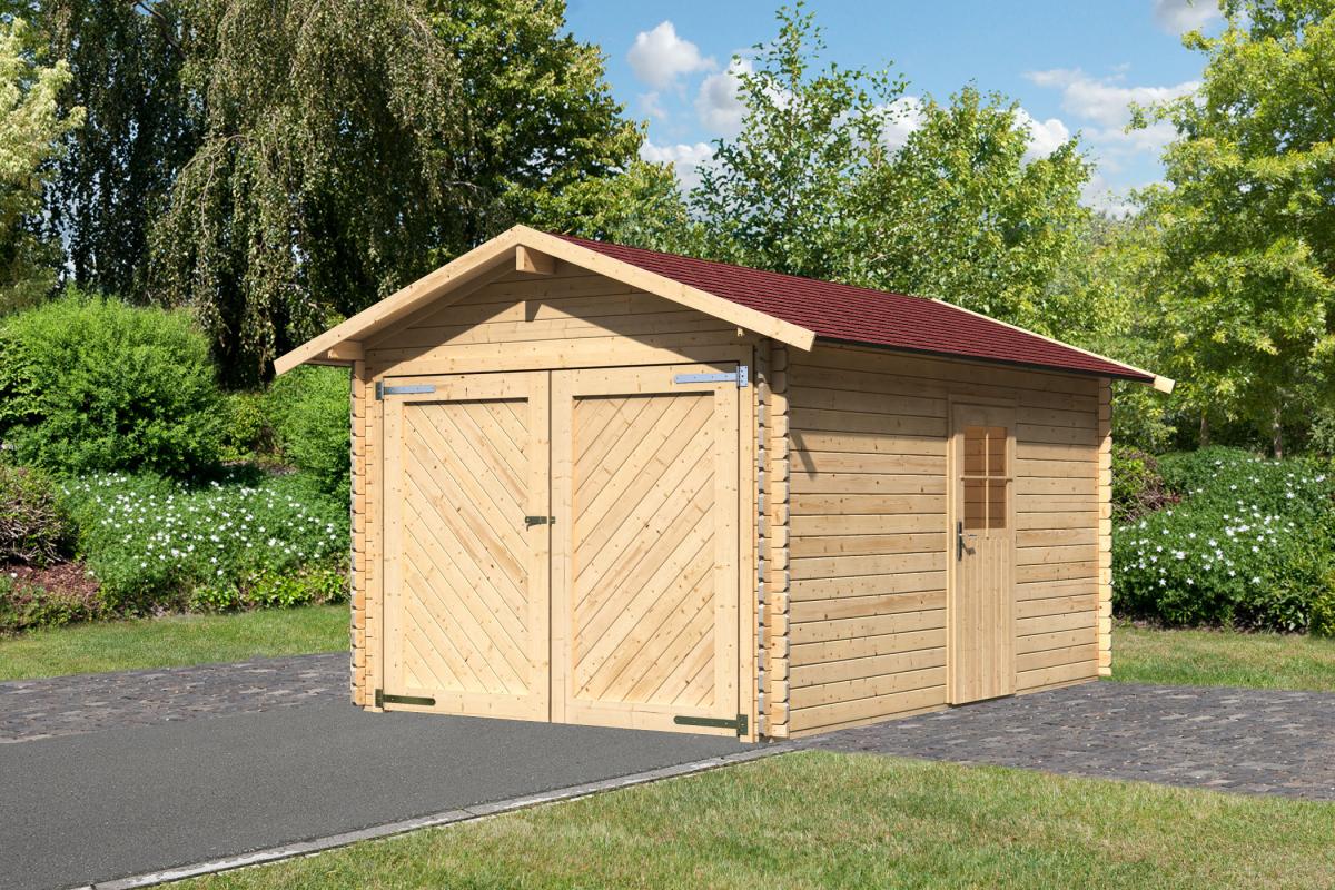 Woodfeeling Blockhausgarage Einzel 28 mm mit Schindeln