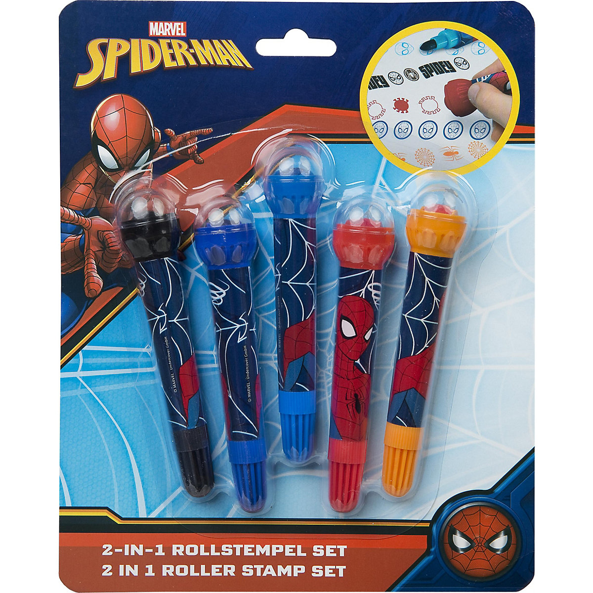 2in1 Fasermaler-Rollstempelset Spider-Man, 5 Farben/Motive