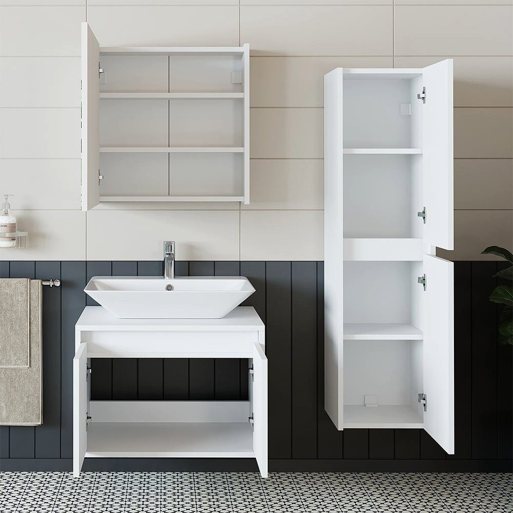 Roomart Badmöbel-Set, (Badmöbel Set 65cm Unterschrank Waschbecken Spiegelscrank Hochschrank)
