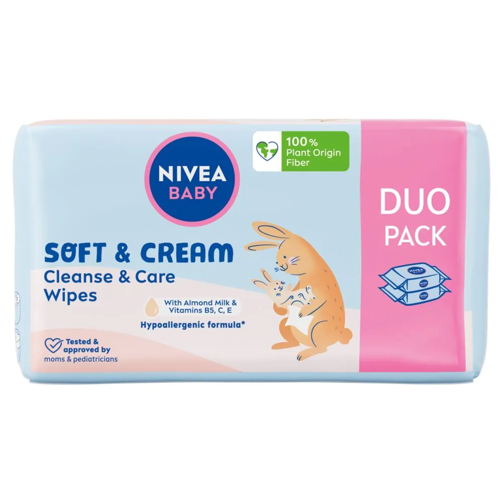 Nivea Baby biologiškai skaidomos servetėlės minkštos ir kreminės, 2 x 57 vnt.