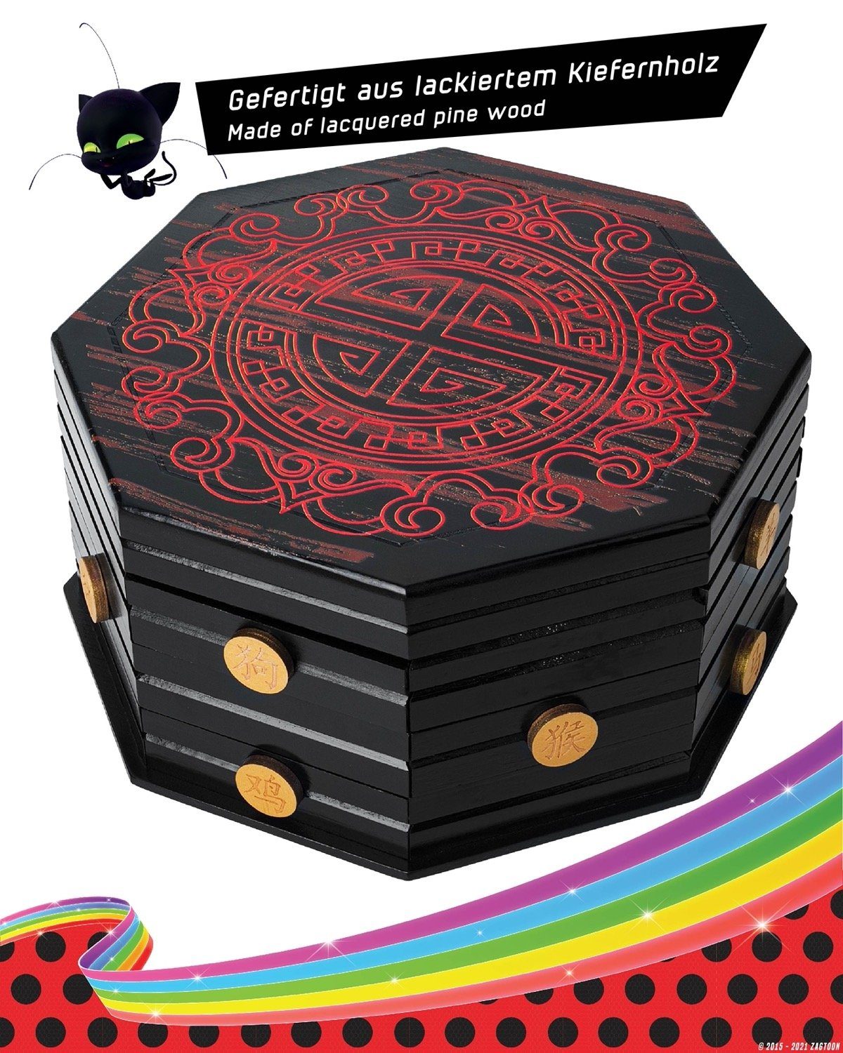 Corimori Spielzeugtruhe Miraculous Ladybug Schatulle aus Holz original, offiziell lizensiert, Master Fu Miracle Box 26cm