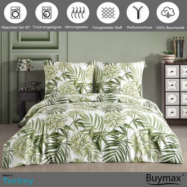 Bettwäsche, Buymax, Renforcé, 2 teilig, 100% Baumwolle Renforce 135x200 cm Kissenbezug 80x80cm mit Reißverschluss, Blumen, Eukalyptus, Grün