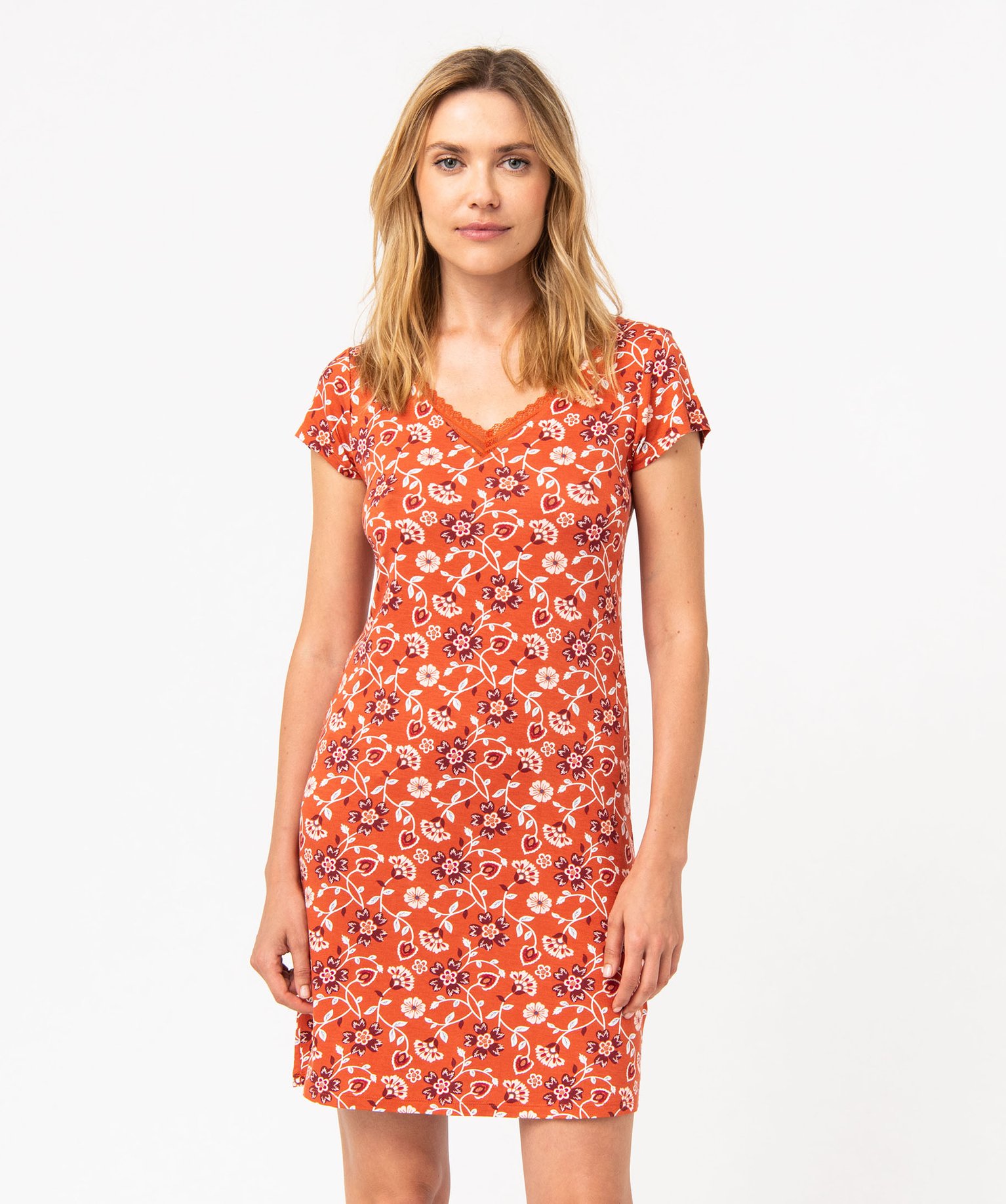 Chemise de nuit en maille extensible avec col V en dentelle ... imprime | GEMO