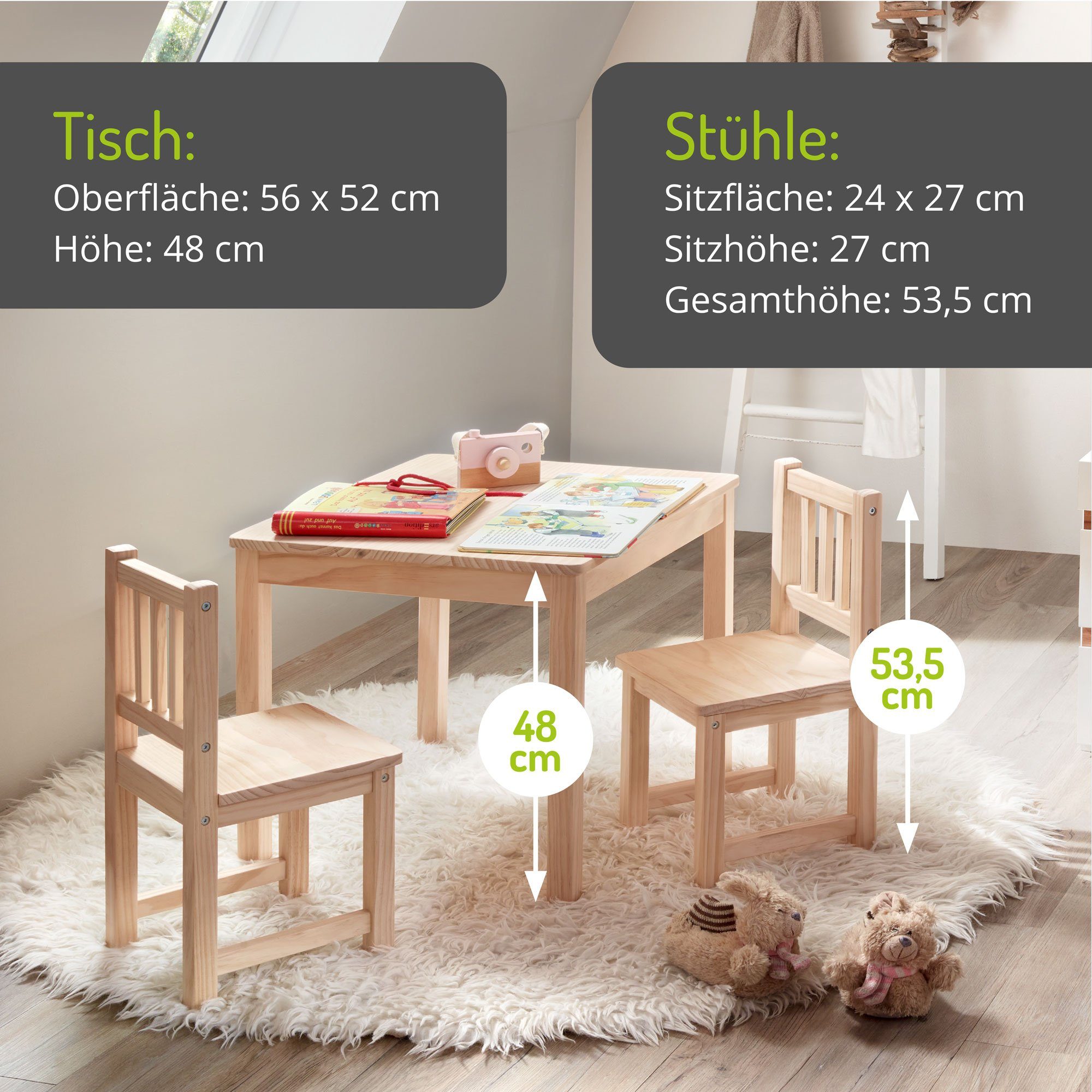 BOMI Kindersitzgruppe Holzsitzgruppe Amy, (3-tlg), Kindertischgruppe aus Holz (Tisch und 2 Stühle, 3-tlg)