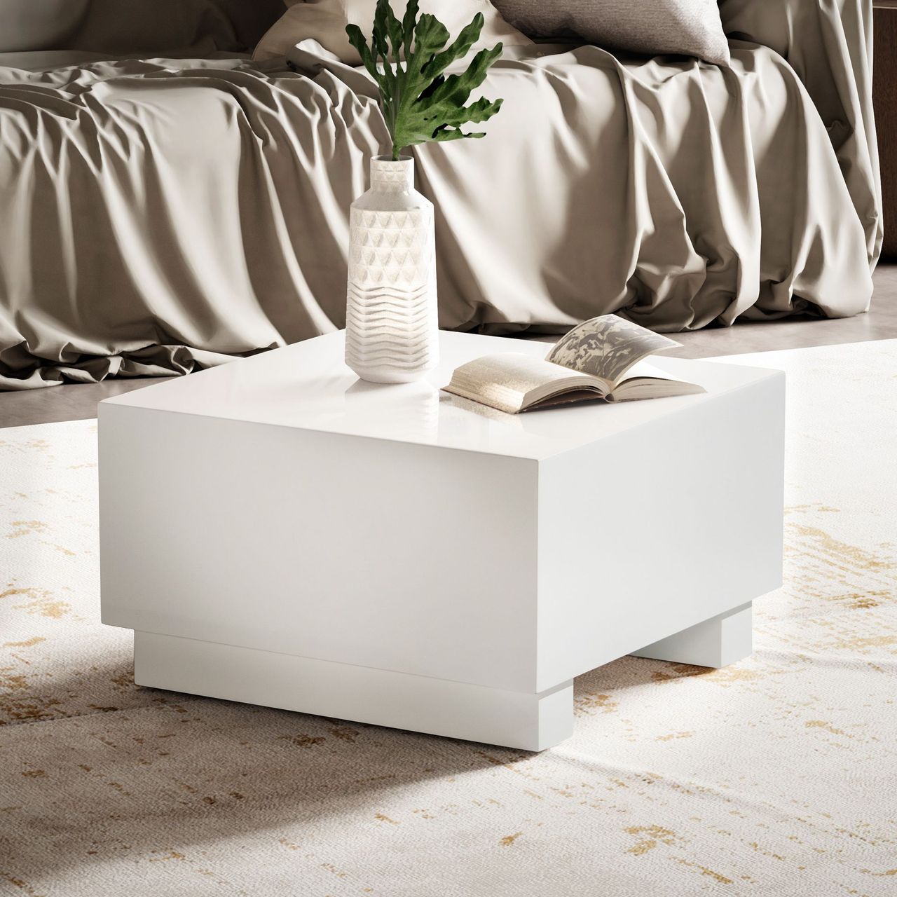 Wohnling Couchtisch MONOBLOC Weiß Hochglanz 60x60 cm Wohnzimmertisch Sofatisch