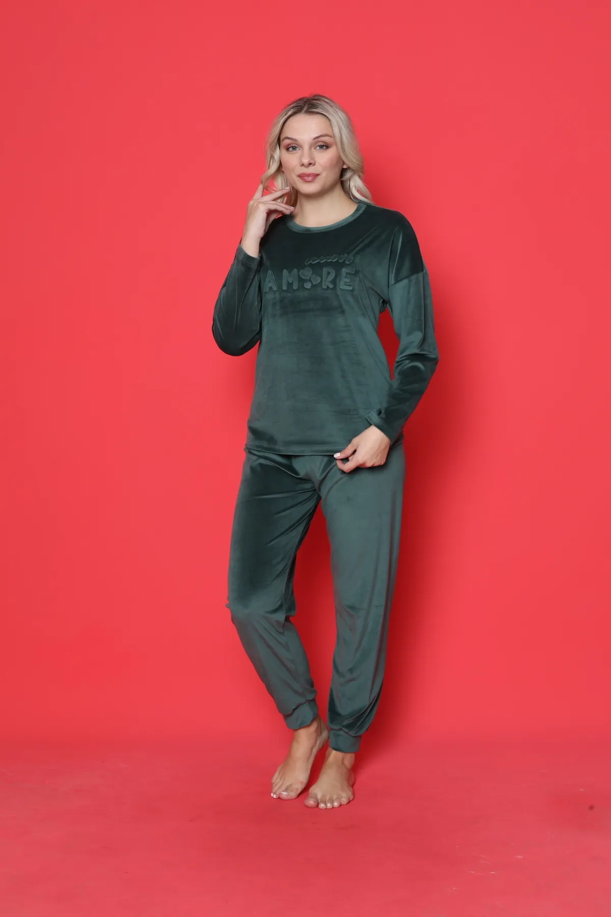 AHENGİM  Pyjama-Set für Jugendliche, französischer Samt, Amore, bedruckt, mit Spatenmanschette, Winter, saisonal, W20432250