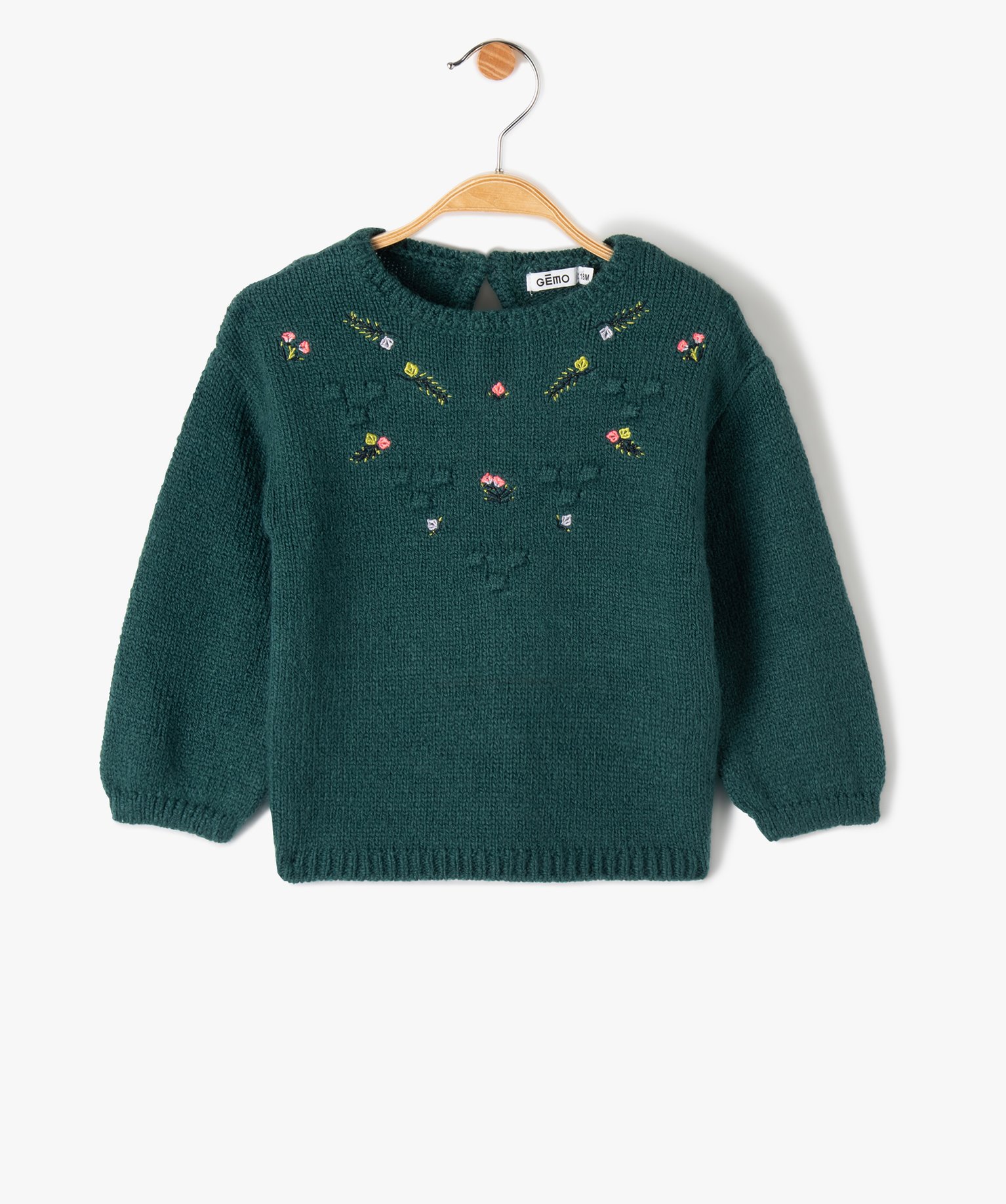 Pull bébé fille en grosse maille à broderies fleurs vert | GEMO