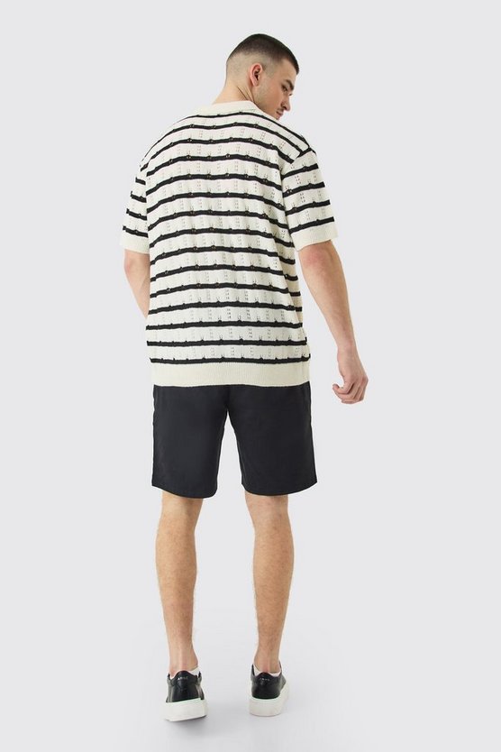 Tall kurzärmliges gehäkeltes Oversize Poloshirt mit Streifen