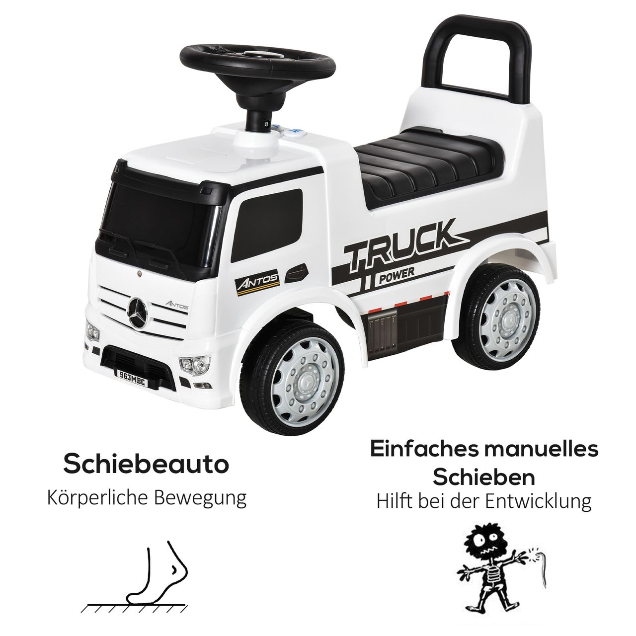 HOMCOM Rutscherfahrzeug Rutscherauto Babyrutscher Kinderfahrzeug lizenziert von Mercedes ANTOS-LKW-Stil mit Licht für Kinder von 12 bis 36 Monaten Metall PP-Kunststoff Weiß Schwarz 62,5x28,5x45cm