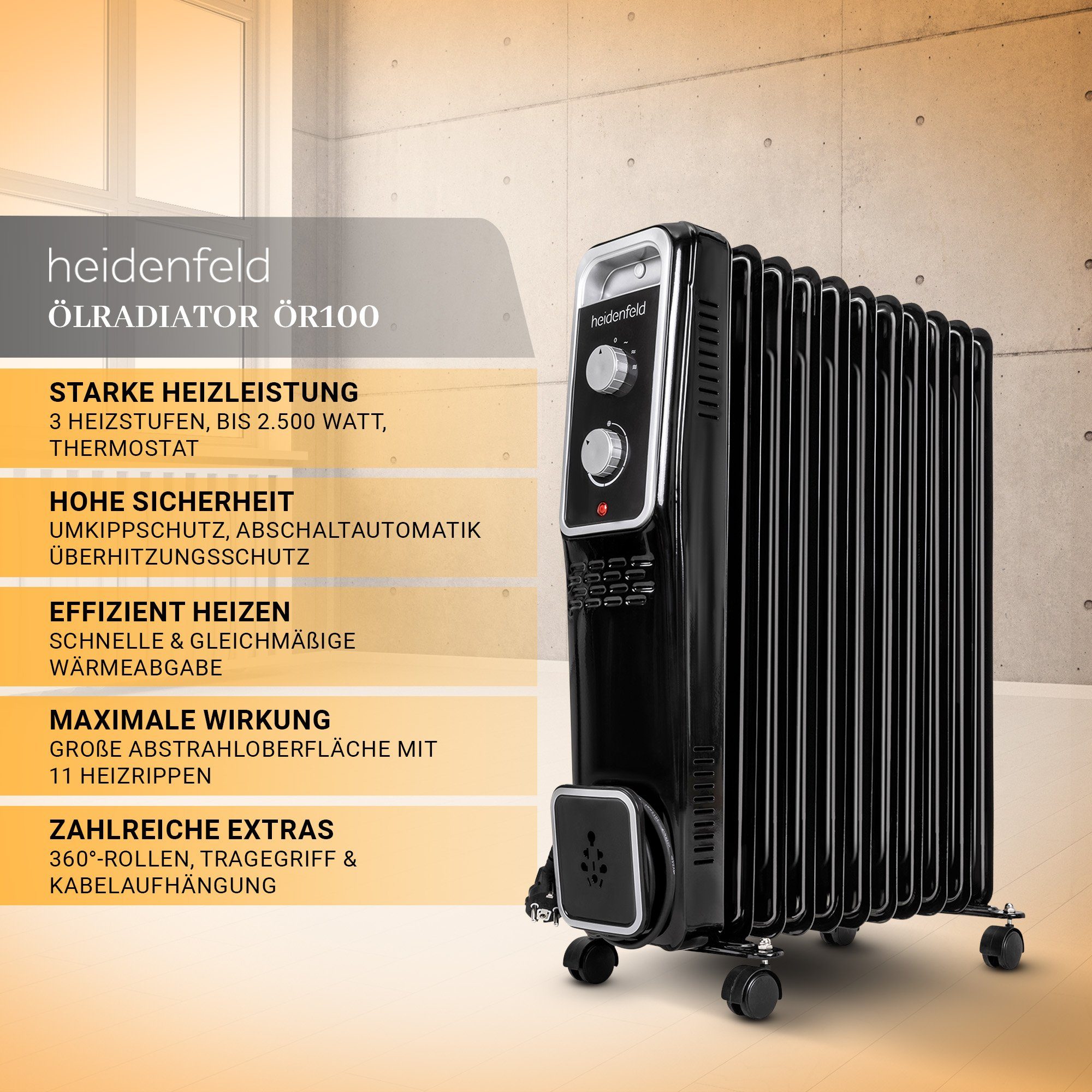 Heidenfeld Ölradiator Mobiler Elektro Heizkörper ÖR100 Heizung inkl. 3 J. Garantie, 2500 W, Thermostat - Heizstrahler - Elektroheizung - Heizlüfter