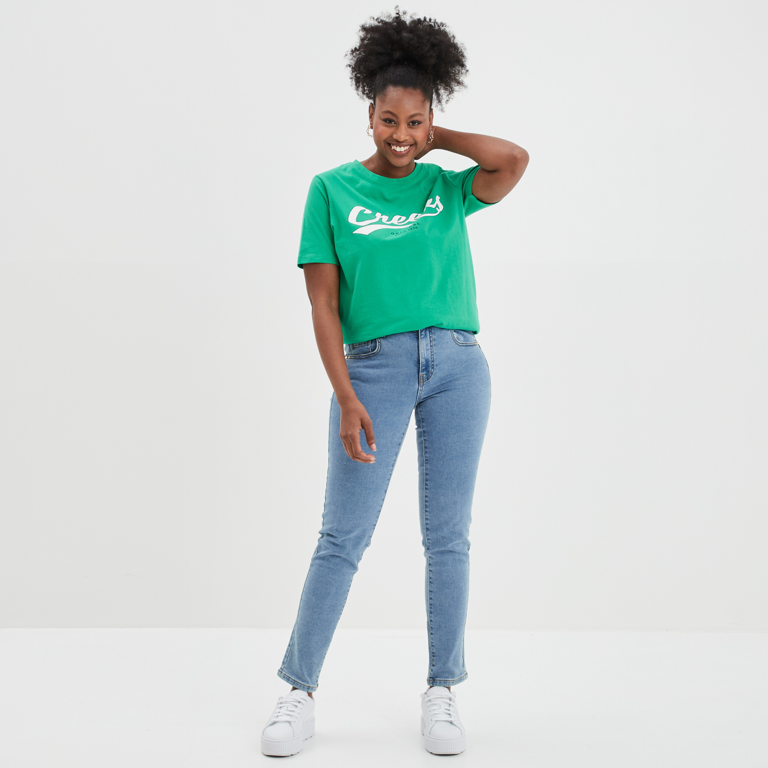 T-shirt oversize col rond coton Creeks vert femme | La Halle