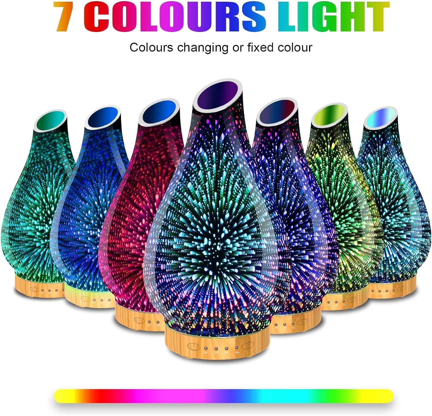 megadot Diffuser Aroma Diffuser, Handblown 3D Ultraschall Leise Luftbefeuchter, 7 farbwechselnde LEDs Raumbefeuchter BPA Frei mit Timer