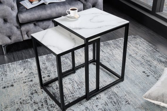 riess-ambiente Beistelltisch ELEGANCE 40cm weiß / schwarz (Set, 2-St), Wohnzimmer · Kristallglas · Metall · eckig · Marmor-Dekor · Barock