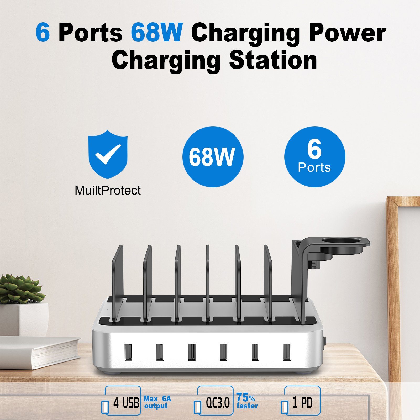 Yaviel Handy-Dockingstation Desktop Ladestation Geräte Multi Ladestation Mehrere Aufladestation, (Ladegerät USB C), Handy Ladestation Mehrfach Ladebox mit 6 USB Ports 68W