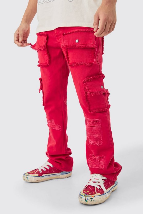 Zerrissene Slim-Fit Jeans in Rot mit Taschen