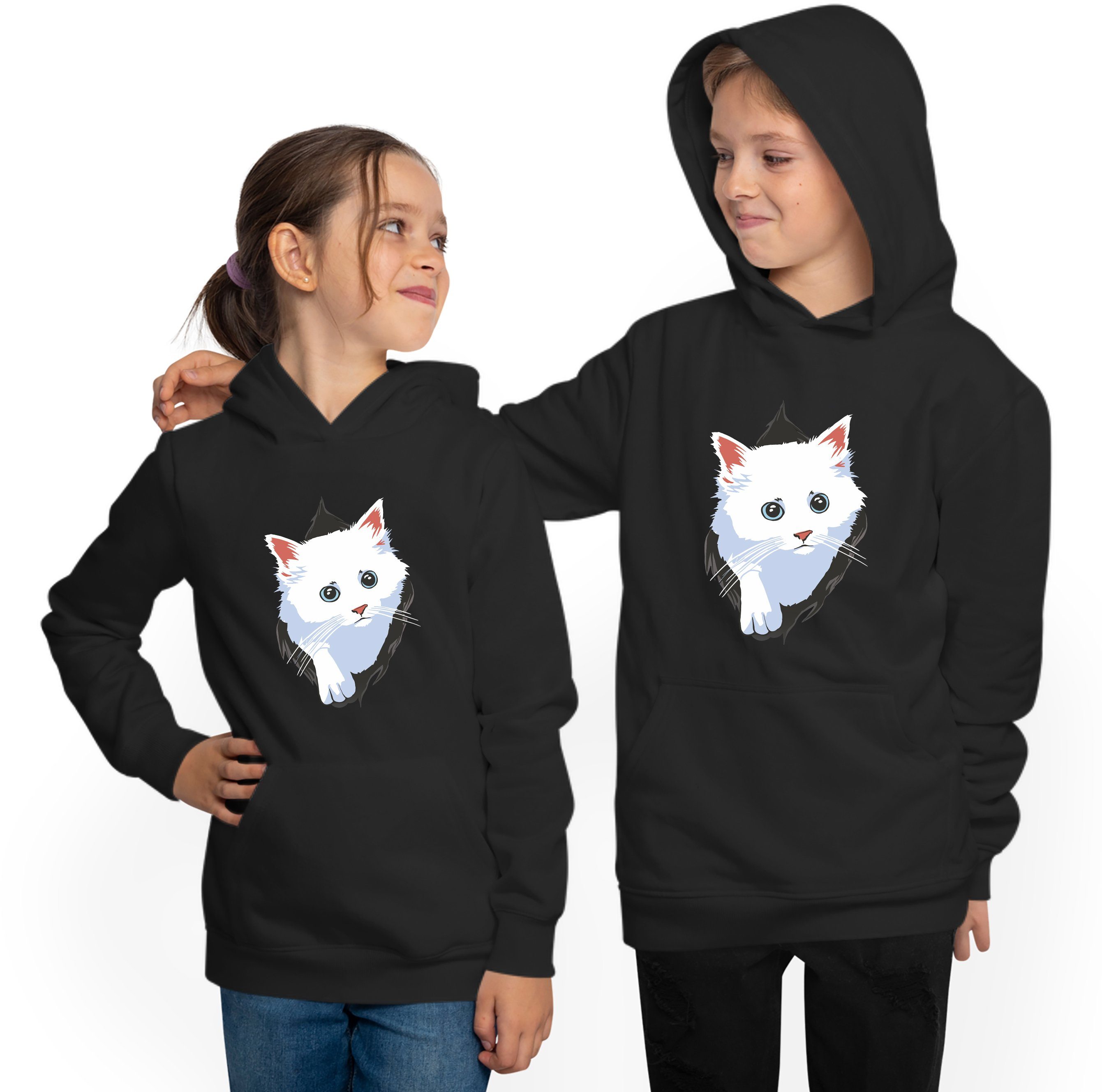 MyDesign24 Hoodie Kinder Kapuzen Sweatshirt - weiße Katze aus dem Shirt Kapuzensweater mit Aufdruck, i113