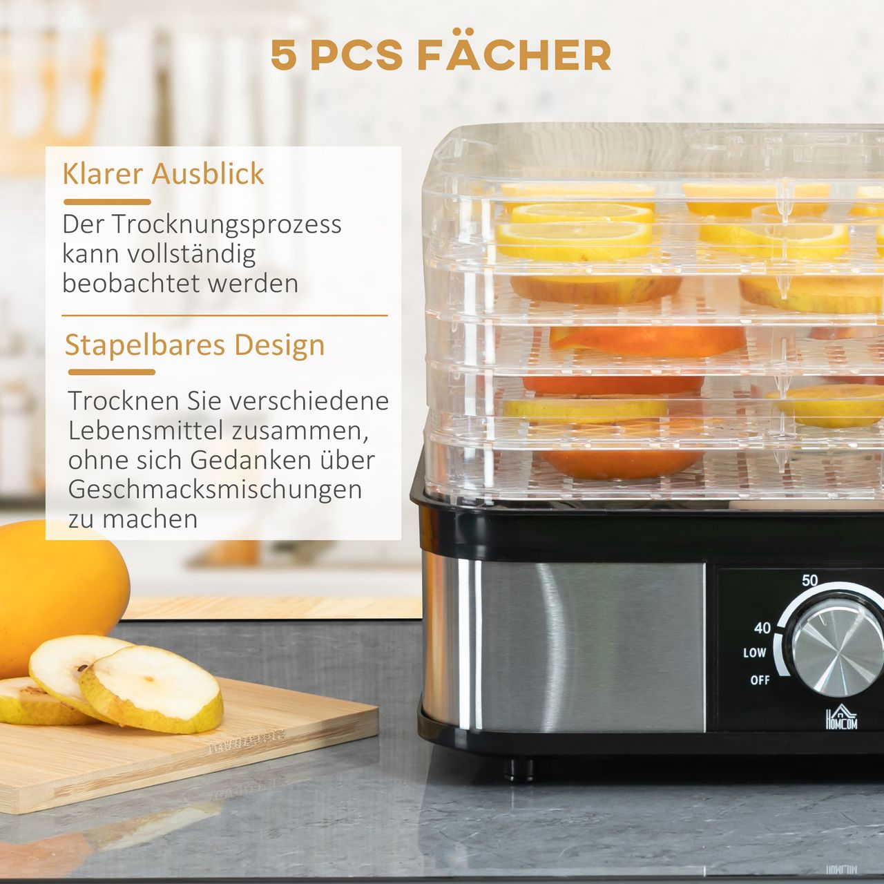 HOMCOM Dörrautomat Dörrgerät mit 5 Einlegefächer, 35-70°C, Obsttrockner Dehydrator für Fleisch Obst Haustier-Leckereien Edelstahl Silber Transparent 32 x 25 x 29cm