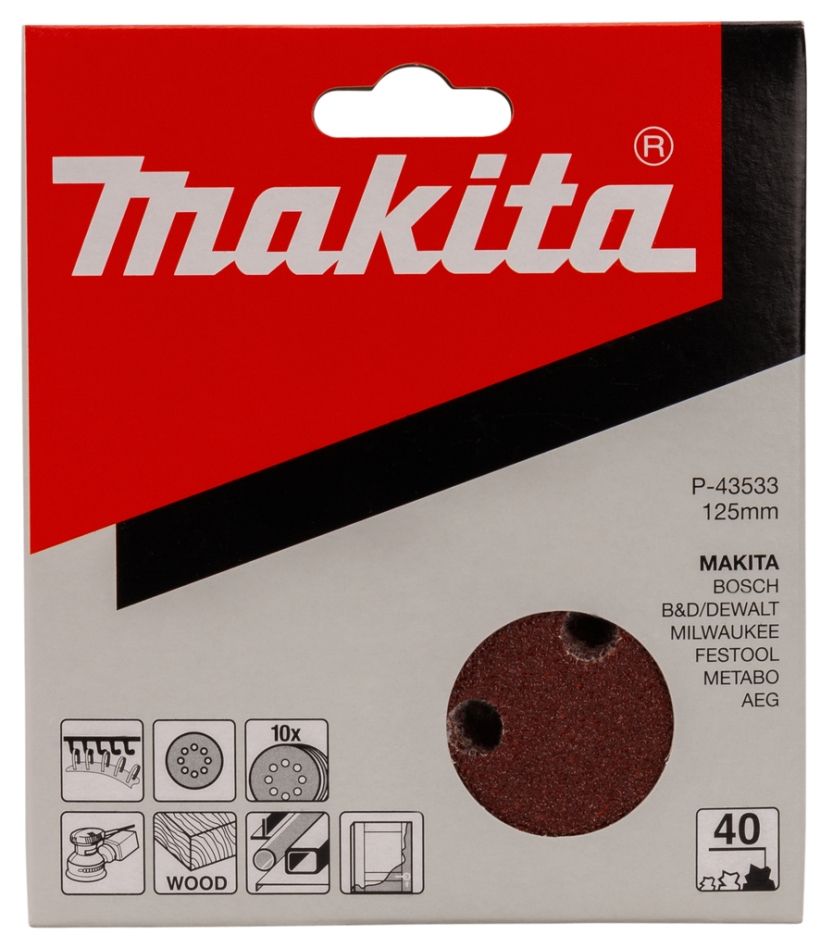 Makita Tillbehör P-43533 Slipskiva 125 mm Kornstorlek 40 RÖD 10 st.
