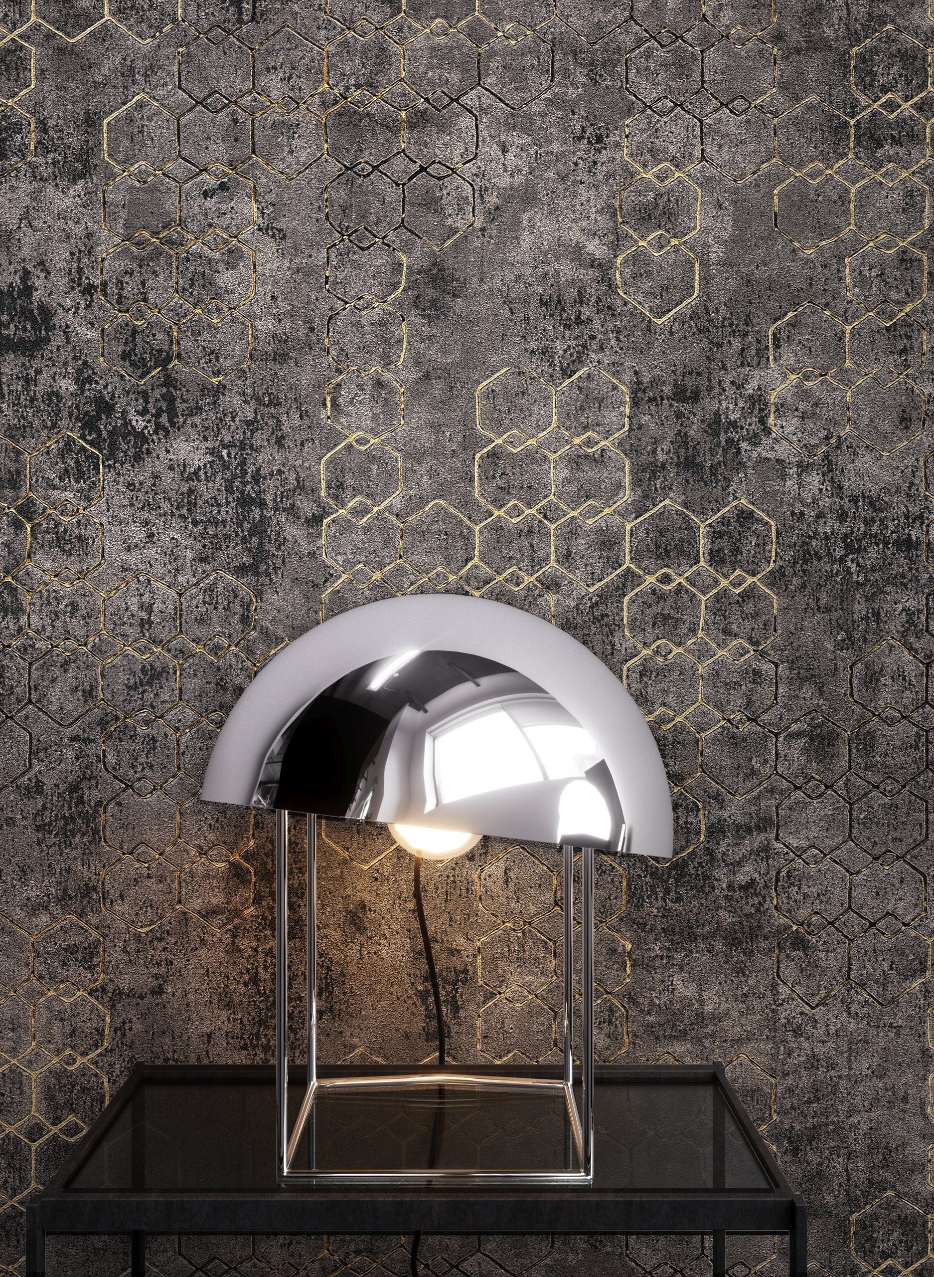 Newroom Vliestapete, Schwarz Tapete Leicht Glänzend Modern - Mustertapete Metalic Gold Grau Hexagon Grafisch für Schlafzimmer Wohnzimmer Küche