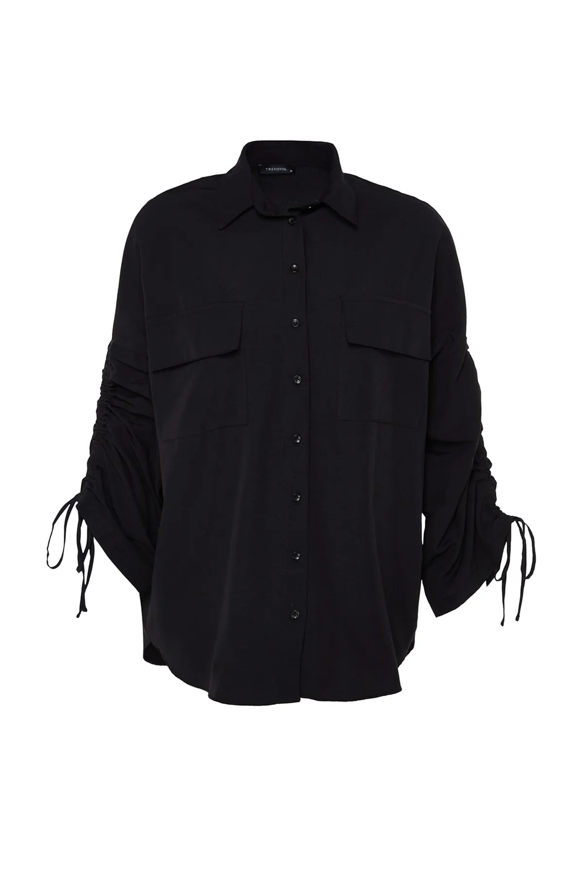 Trendyol Modest  Schwarzes Hemd aus gewebter Baumwolle mit verstellbaren Ärmeln und Raffung, TCTSS23TG00011