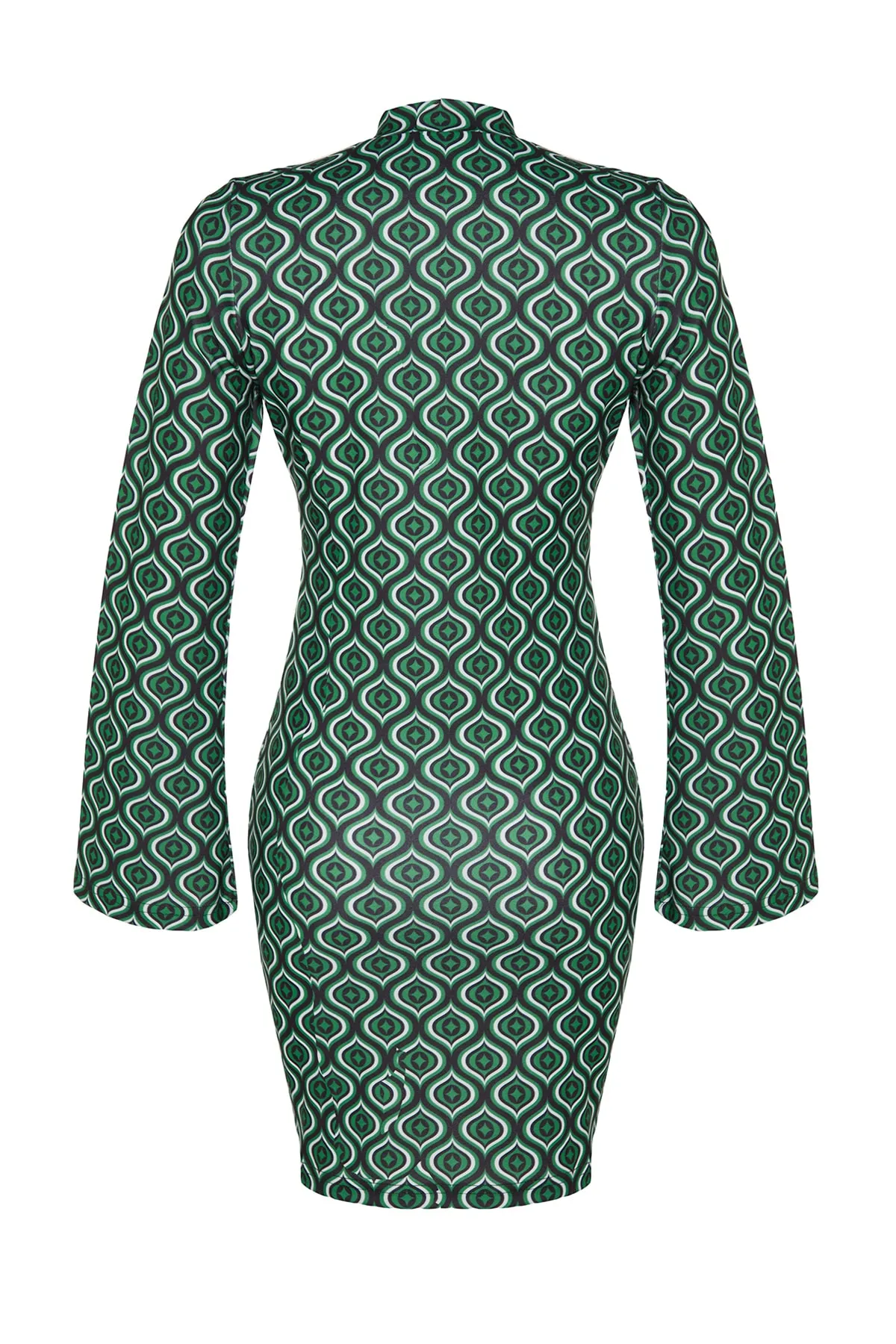 Trendyol Collection  Smaragdgrünes bedrucktes Bodysitting-Stehkragen-Mini-Strick-Bleistiftkleid mit spanischen Ärmeln TWOAW24EL00191