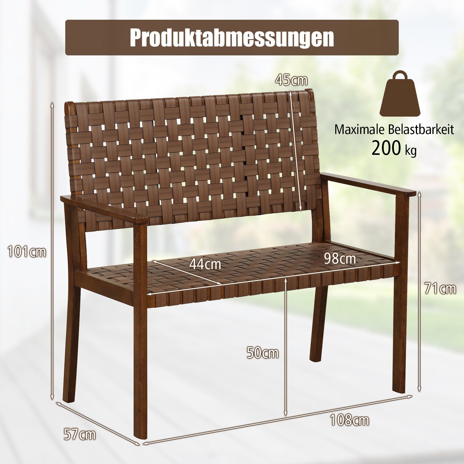 COSTWAY Gartenbank, wetterfest Holz, mit Rückenlehne & Armlehne, 200kg, 108cm