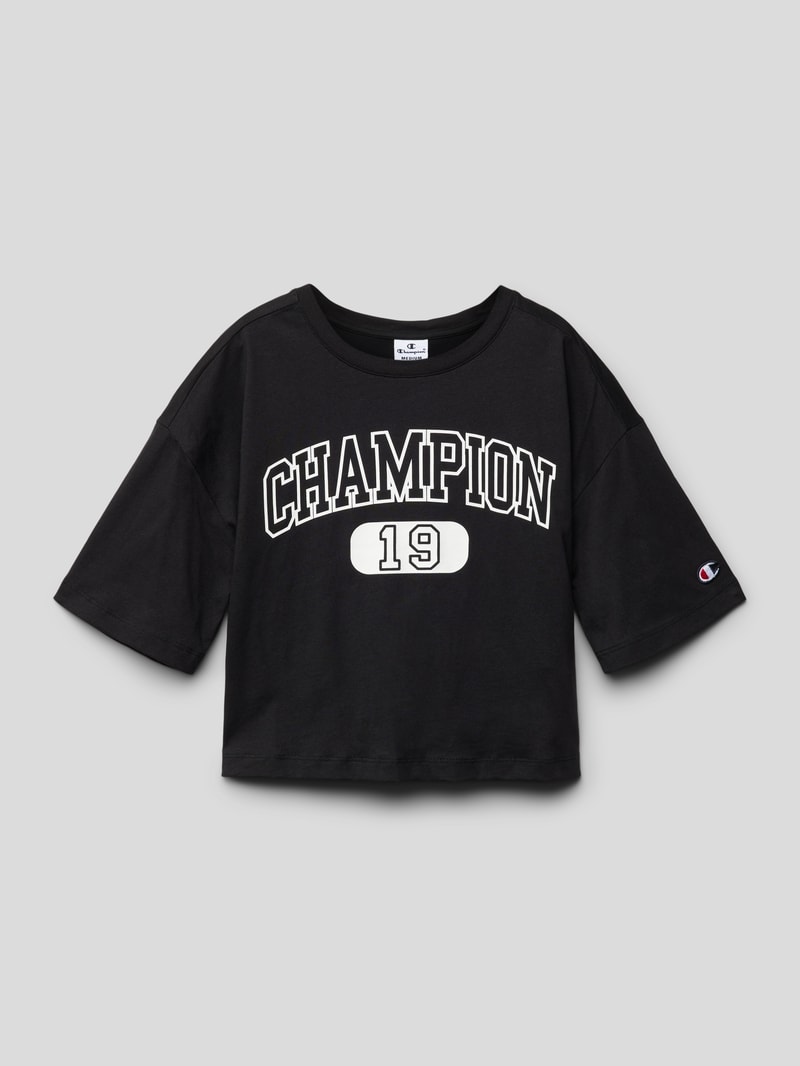 Cropped T-Shirt mit Label-Print in schwarz