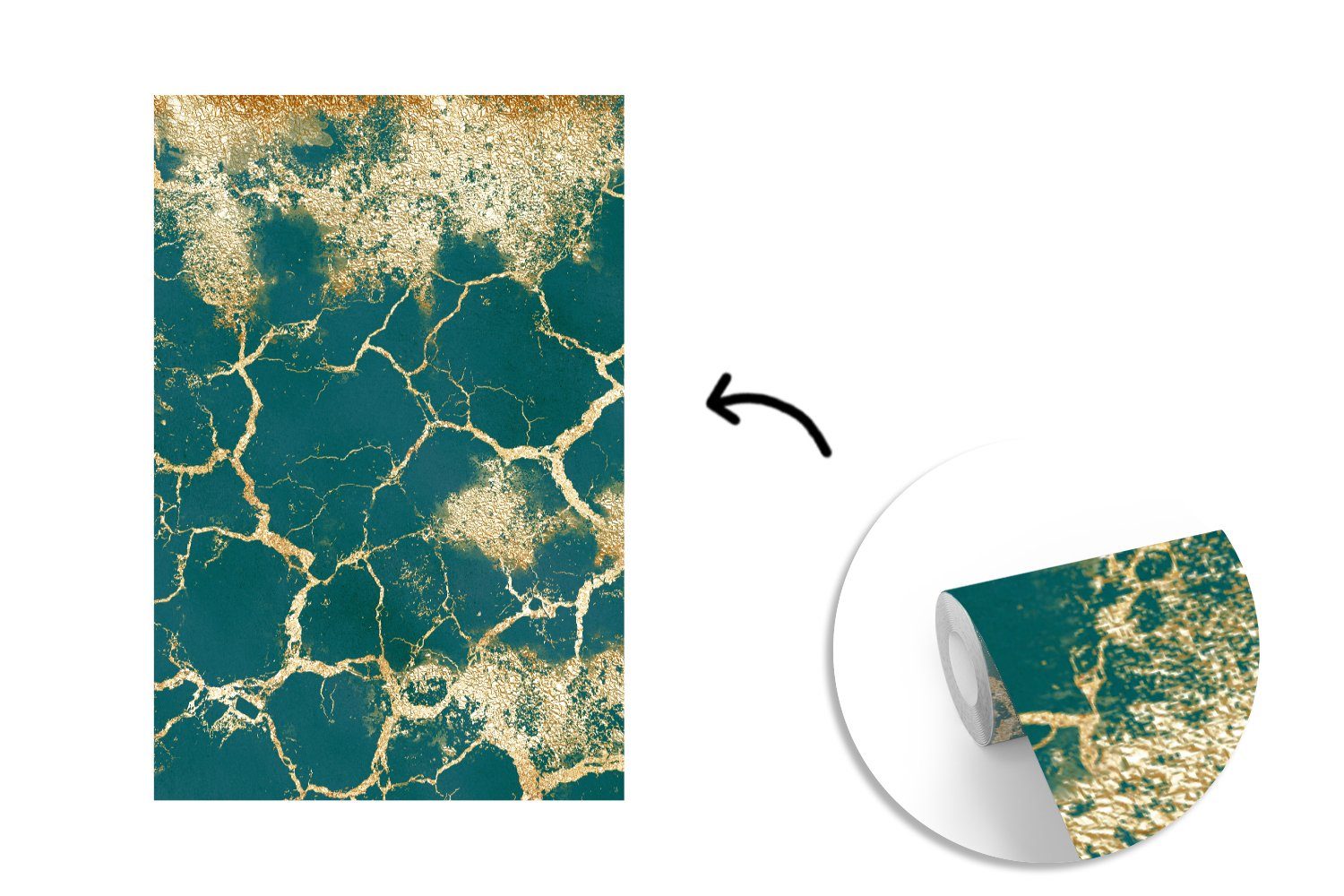 MuchoWow Fototapete Gold - Marmor - Grün, Matt, bedruckt, (3 St), Montagefertig Vinyl Tapete für Wohnzimmer, Wandtapete