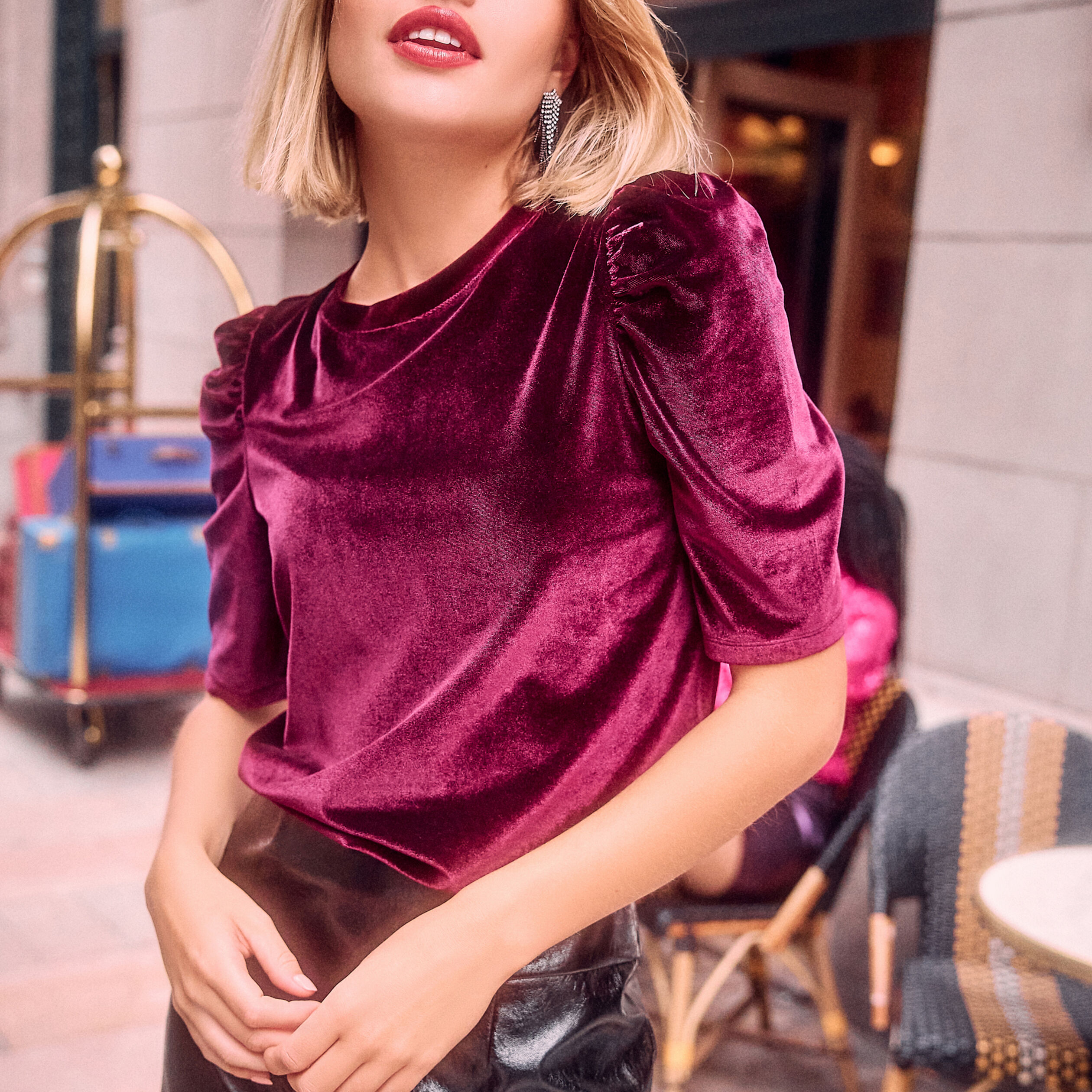 T-shirt manches 3/4 velours prune femme | Cache Cache