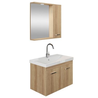 Karen Badezimmer-Set Nil, (Komplett-Set, Standartmäßig 3-Teilig (Unterschrank, Spiegelschrank, Waschbecken), Der Lieferumfang umfasst Unterschrank, Spiegelschrank und Waschbecken), Klassisches Design, Holzfurnier-Beschichtung, Softclose, Bügelgriffe