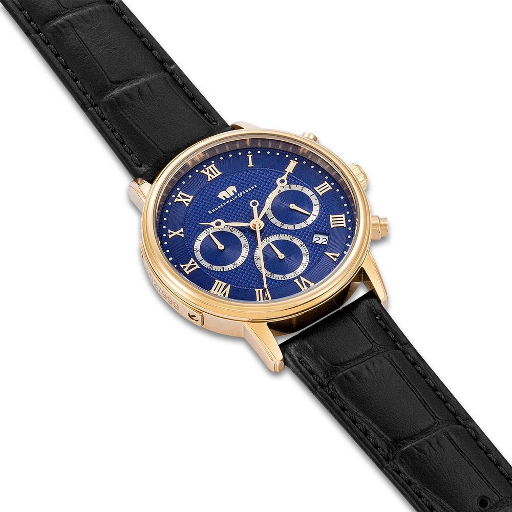 Rhodenwald & Söhne Chronographe Moonlight en Or jaune Cuir véritable en Noir Montre