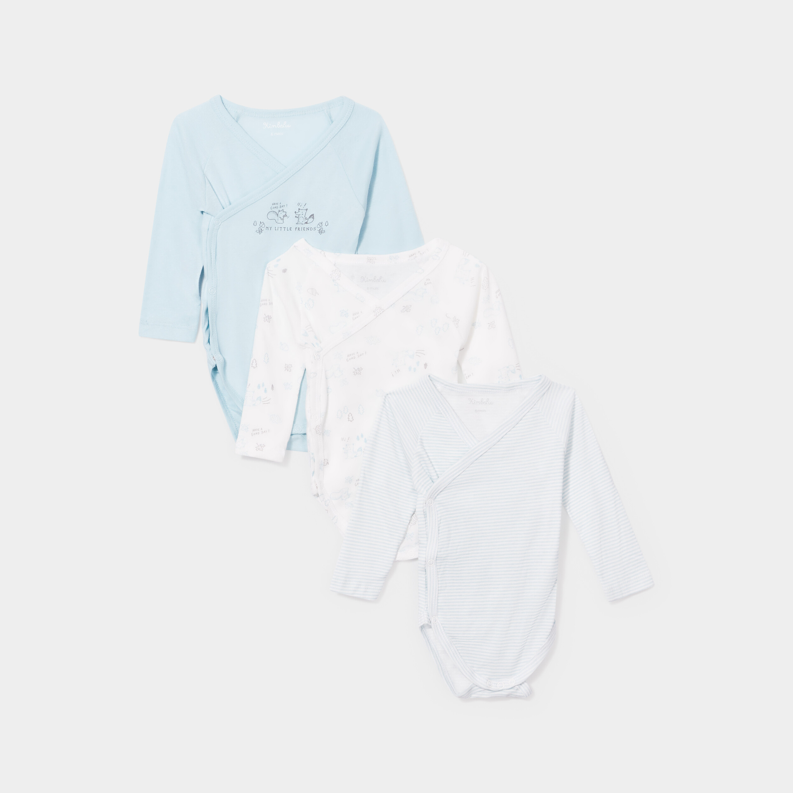 Lot 3 bodies coton manches longues bleu bébé garçon | La Halle