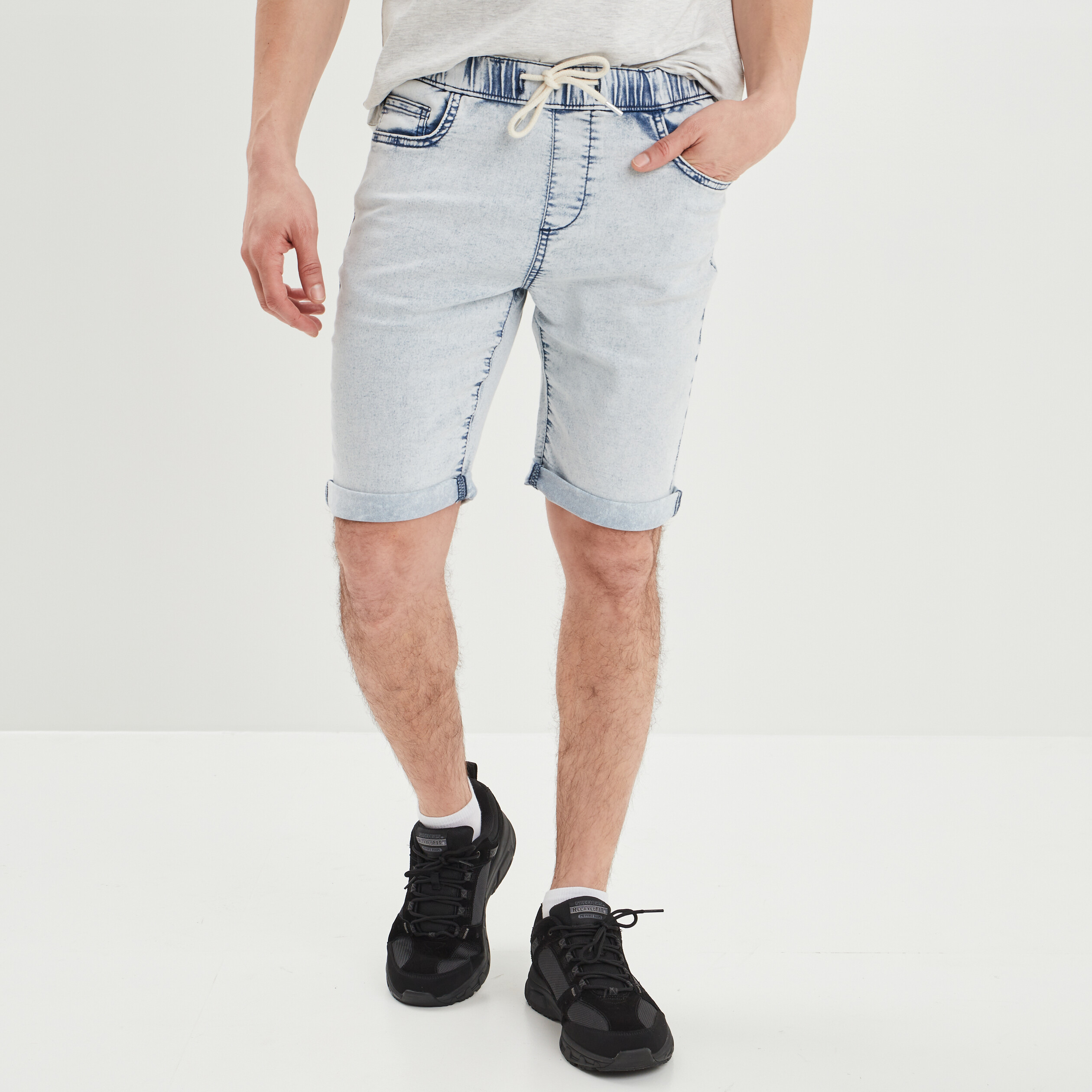 Jogging-Short avec cordon denim bleach homme | La Halle
