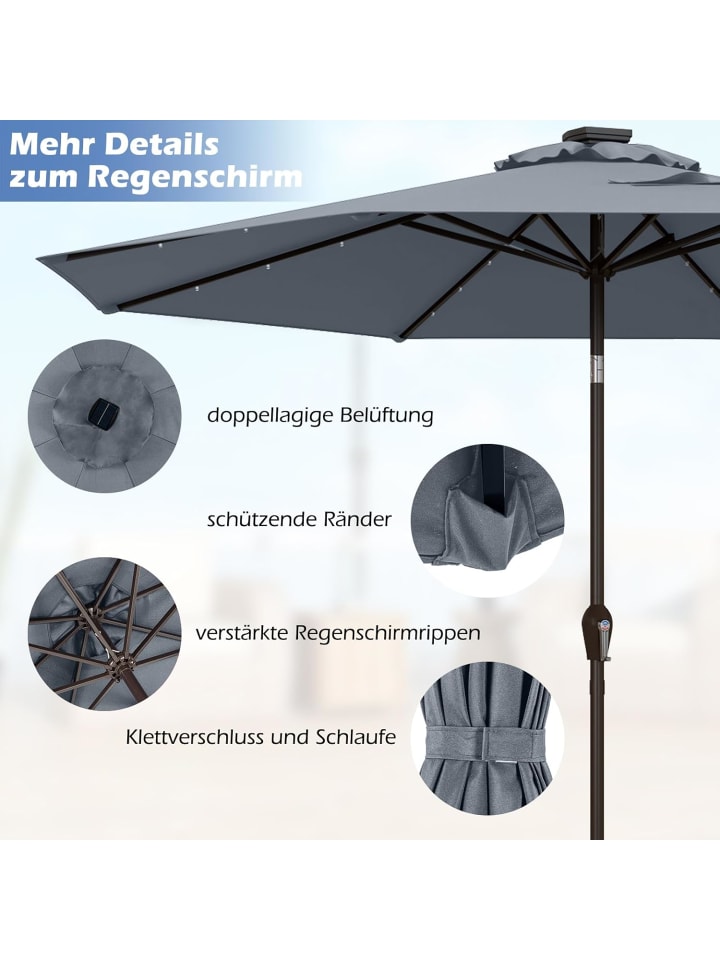 COSTWAY Sonnenschirm 300 cm mit LED-Solar-Beleuchtung in Grau günstig kaufen onesize