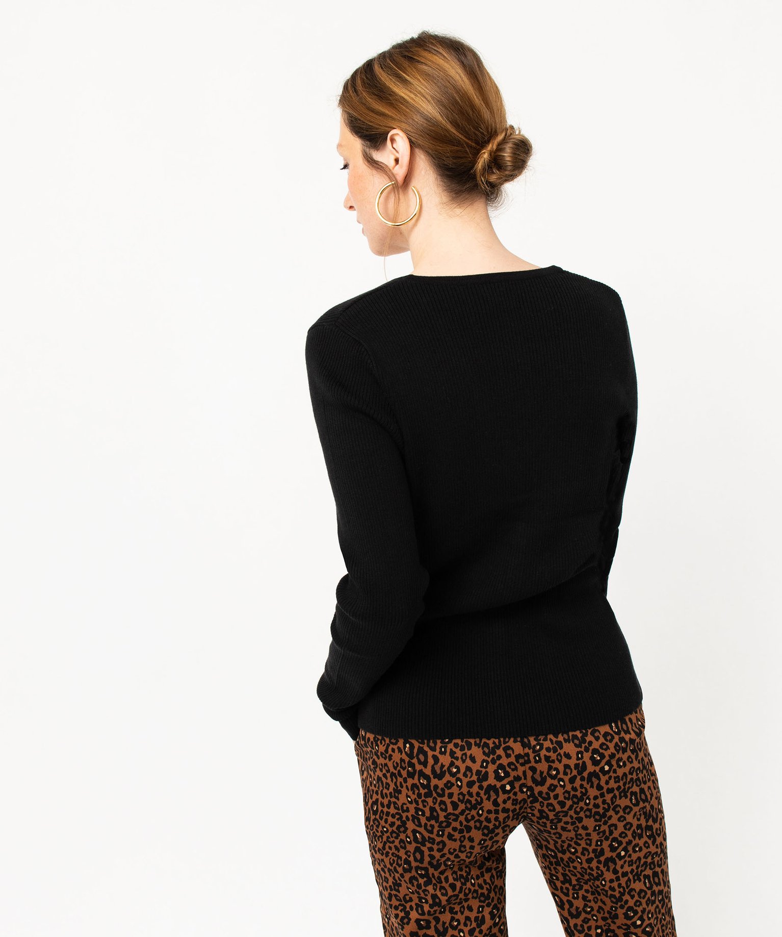 Gilet col V en maille ctelée coupe ajustée femme noir | GEMO