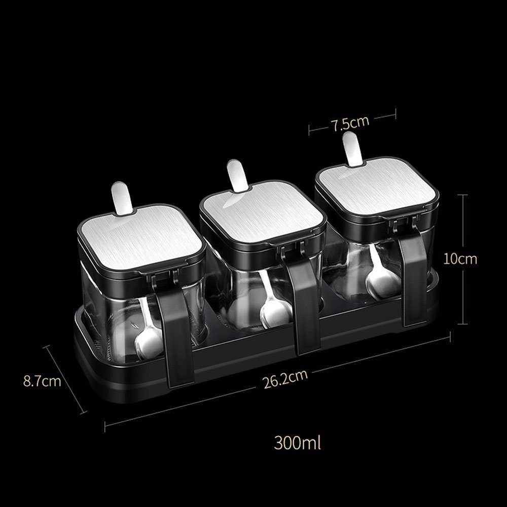 SOTOR Gewürzbehälter Tablett Glas Gewürzglas Küche mit Edelstahl Löffel Gewürzbehälter, (Gewürzdosen-Set, 3 Stück mit Deckel und Löffel)