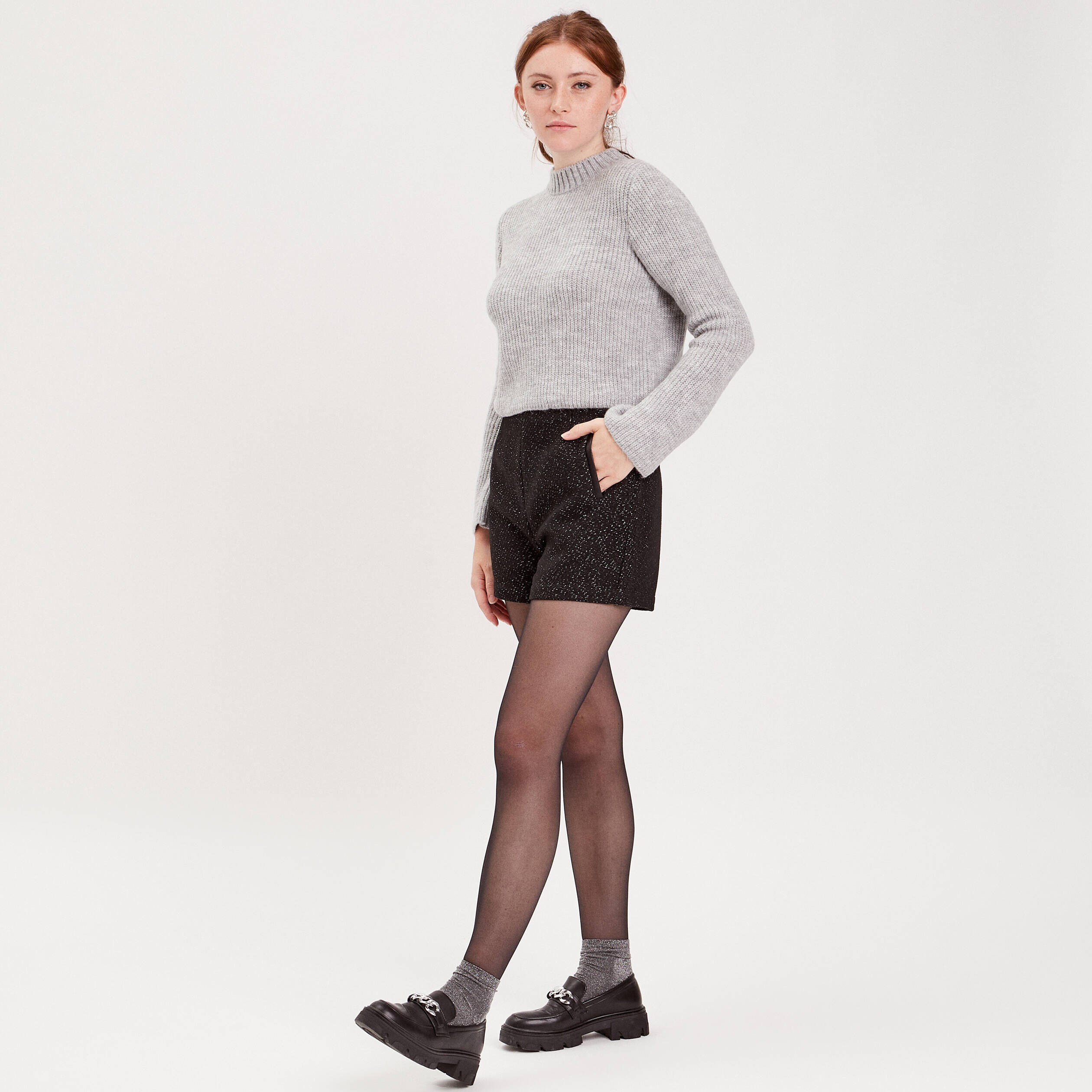 Pull cropped col montant gris clair femme | Cache Cache