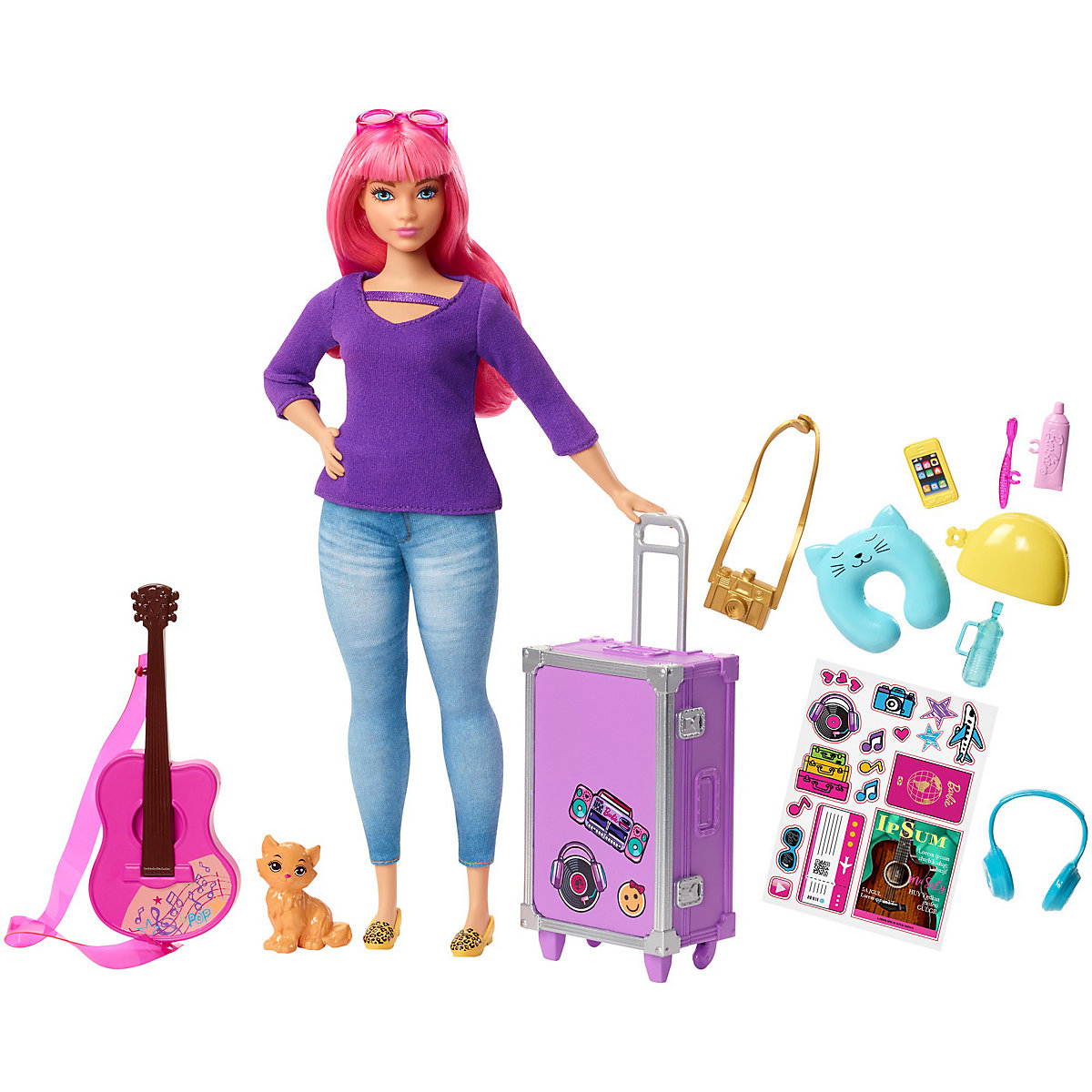 Barbie Daisy Reise Puppe (pinke Haare) mit Zubehör, Anziehpuppe, Modepuppe