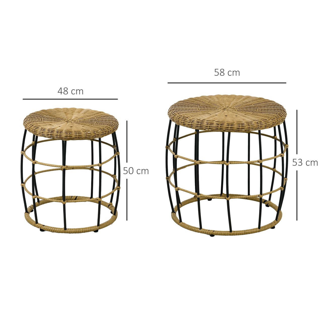Outsunny Rattan Beistelltisch 2er-Set Couchtisch, Stapelbar Sofatisch für Garten