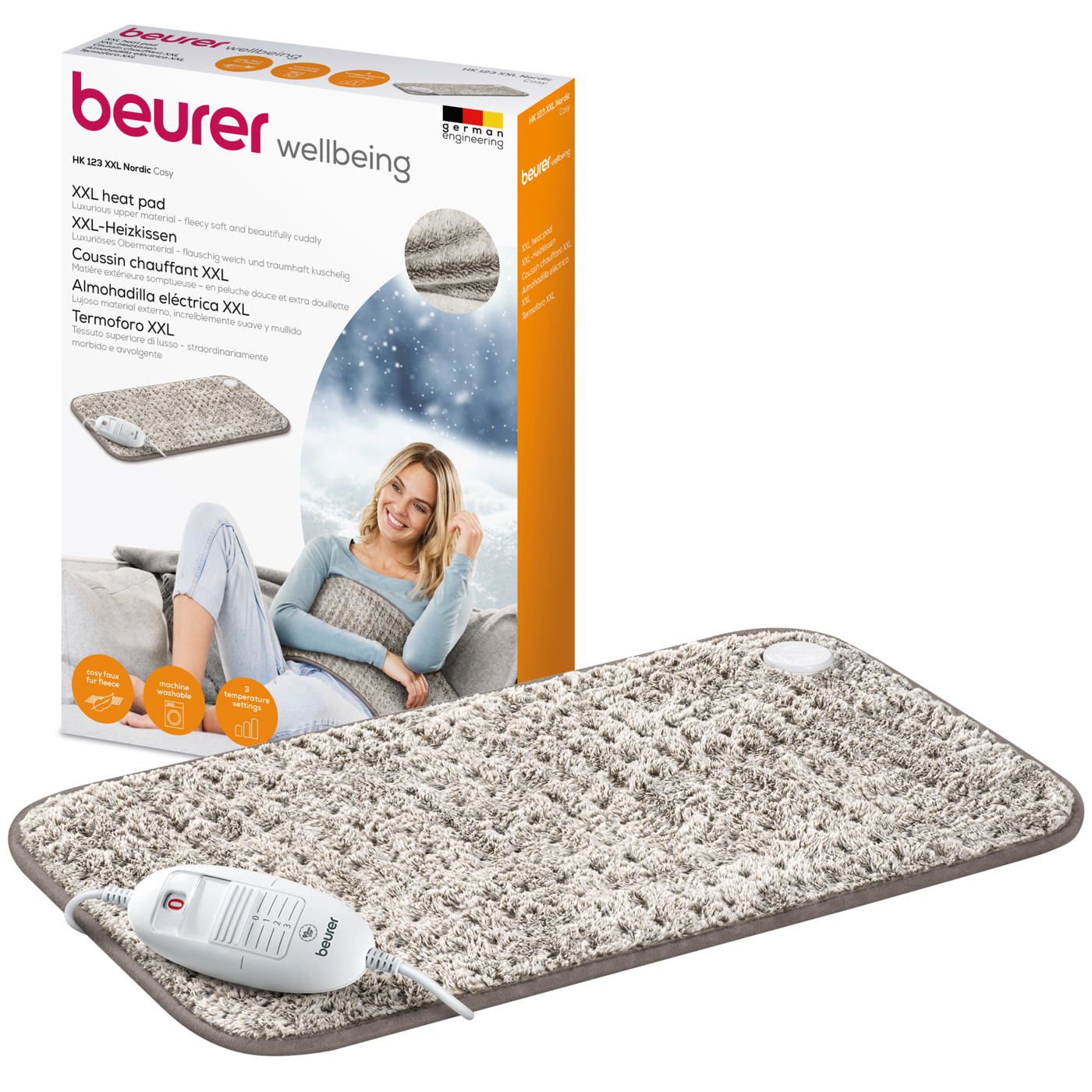 Beurer HK 123 XXL Nordic Taupe Heizkissen-Atmungsaktives Kuschel-Fleece Heizkissen im XXL-Format & 3 Wärmestufen
