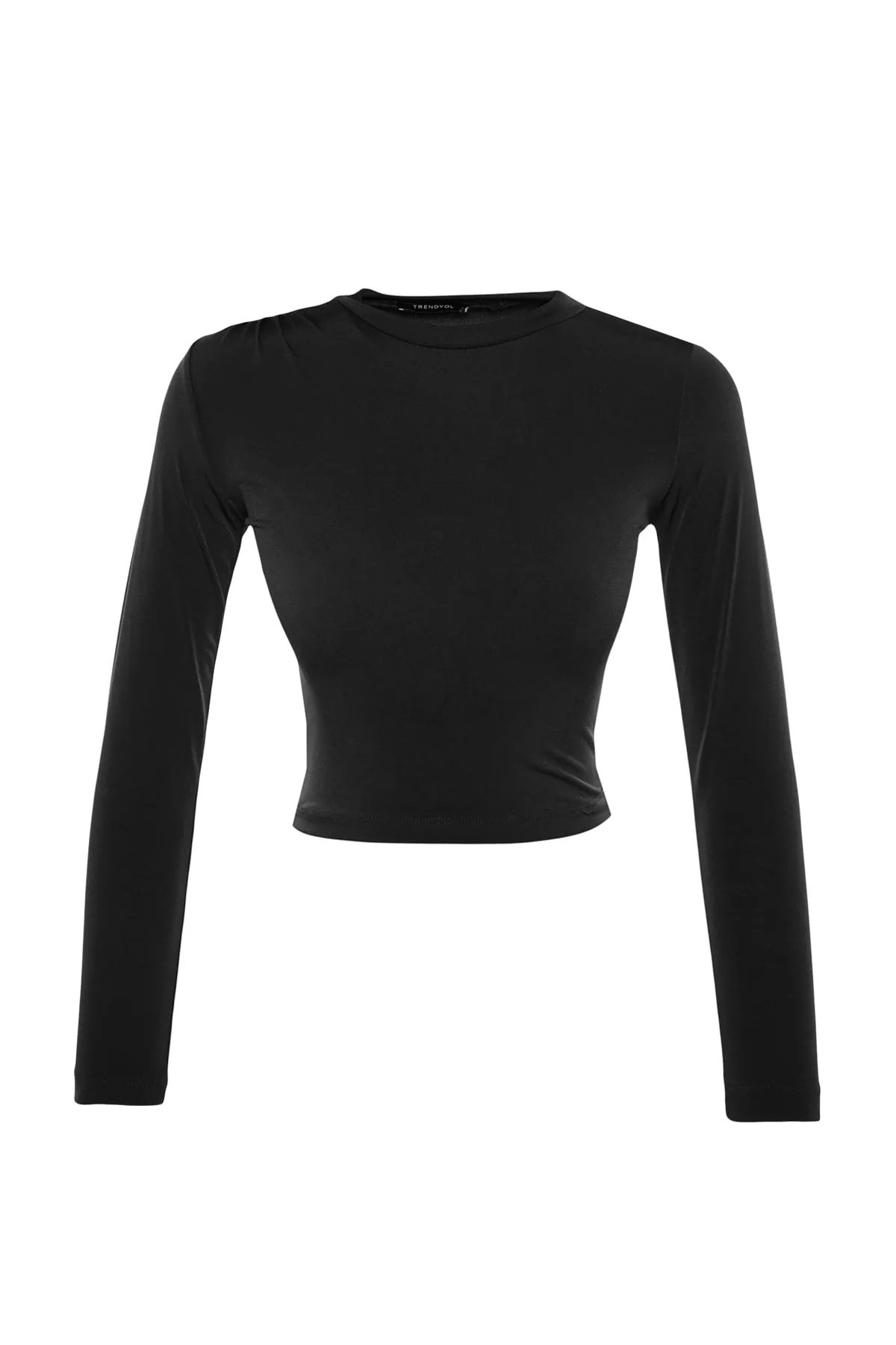 Trendyol Collection  Schwarze, eng anliegende, eng anliegende, dehnbare Strickbluse mit hohem Kragen und gerafften Ärmeln TWOAW23EL01391