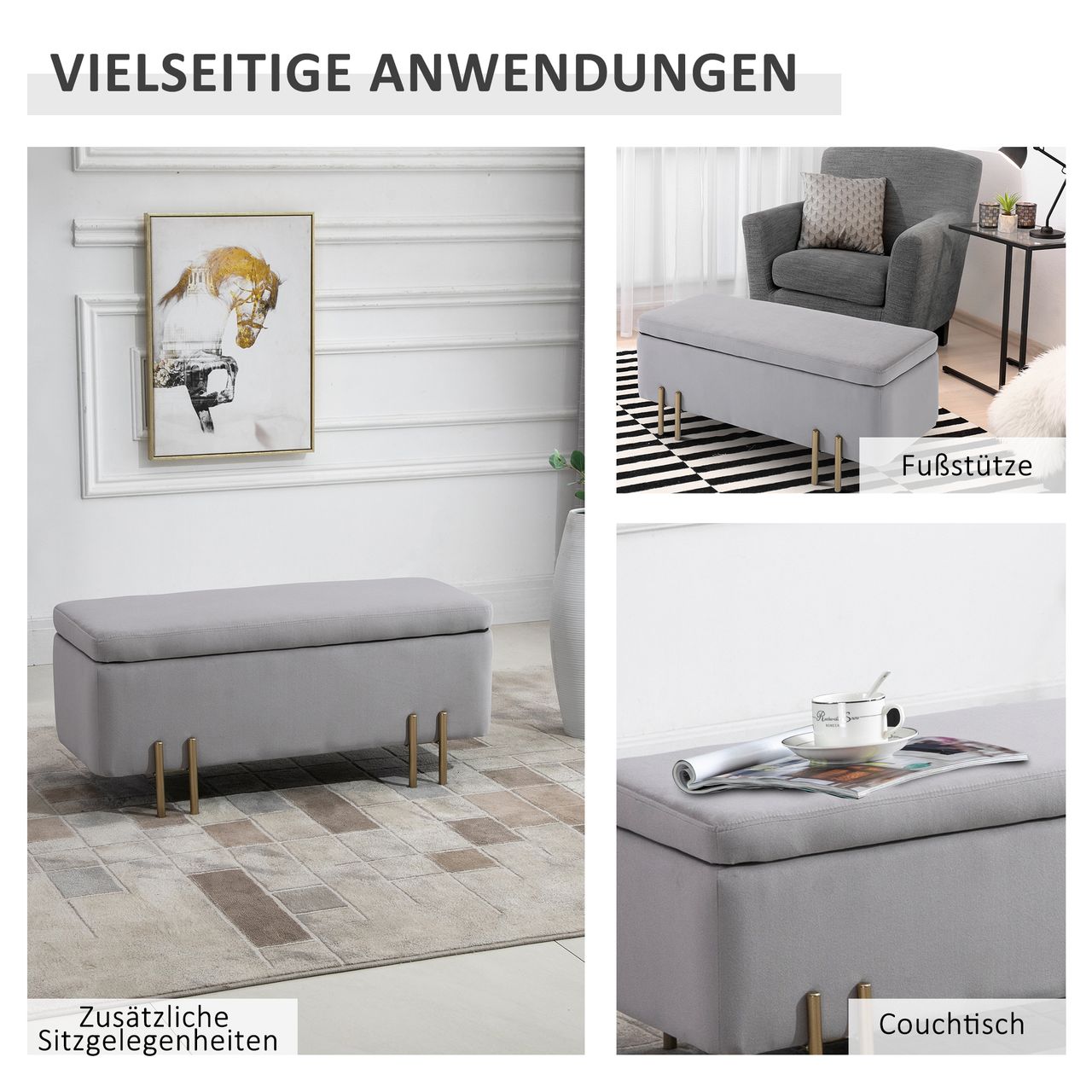 HOMCOM Sitzbank, Polsterbank mit Stauraum, Truhenbank, Stoff, Metall, Schaumstoff, Hellgrau, 100 x 40 x 42 cm