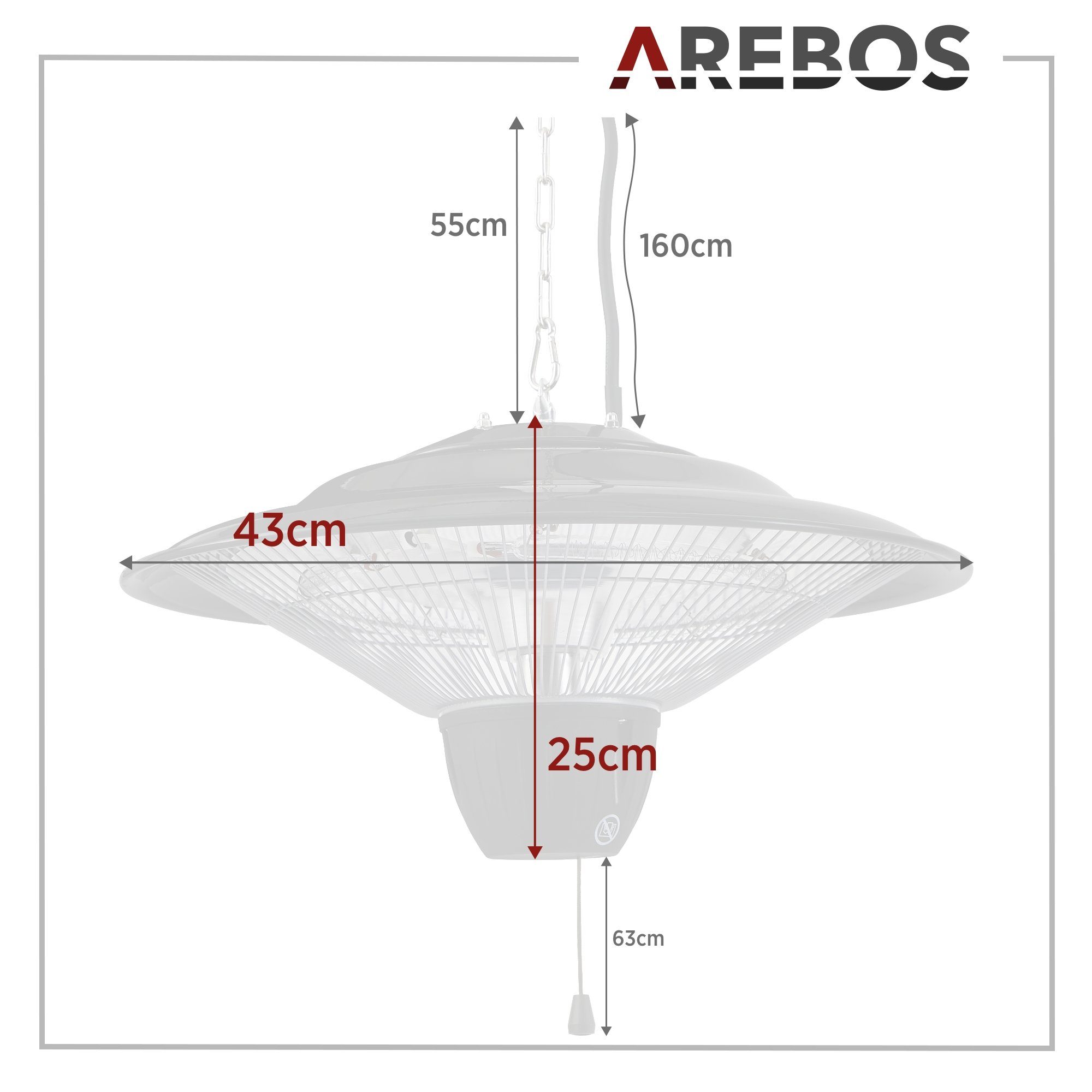 Arebos Heizstrahler 1500 W Deckenheizstrahler, Schwarz mit Zugschalter