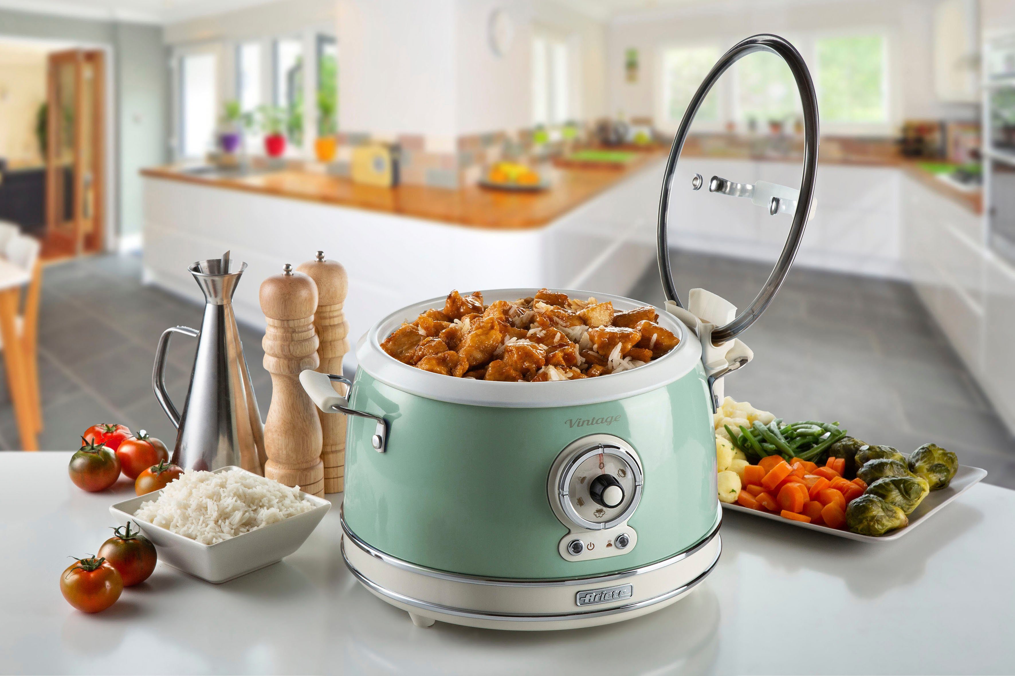 Ariete Multikocher 2904CR, 650 W, 3 l Schüssel, Slowcooker/Reiskocher/Dampfgarer Vintage, 3 L