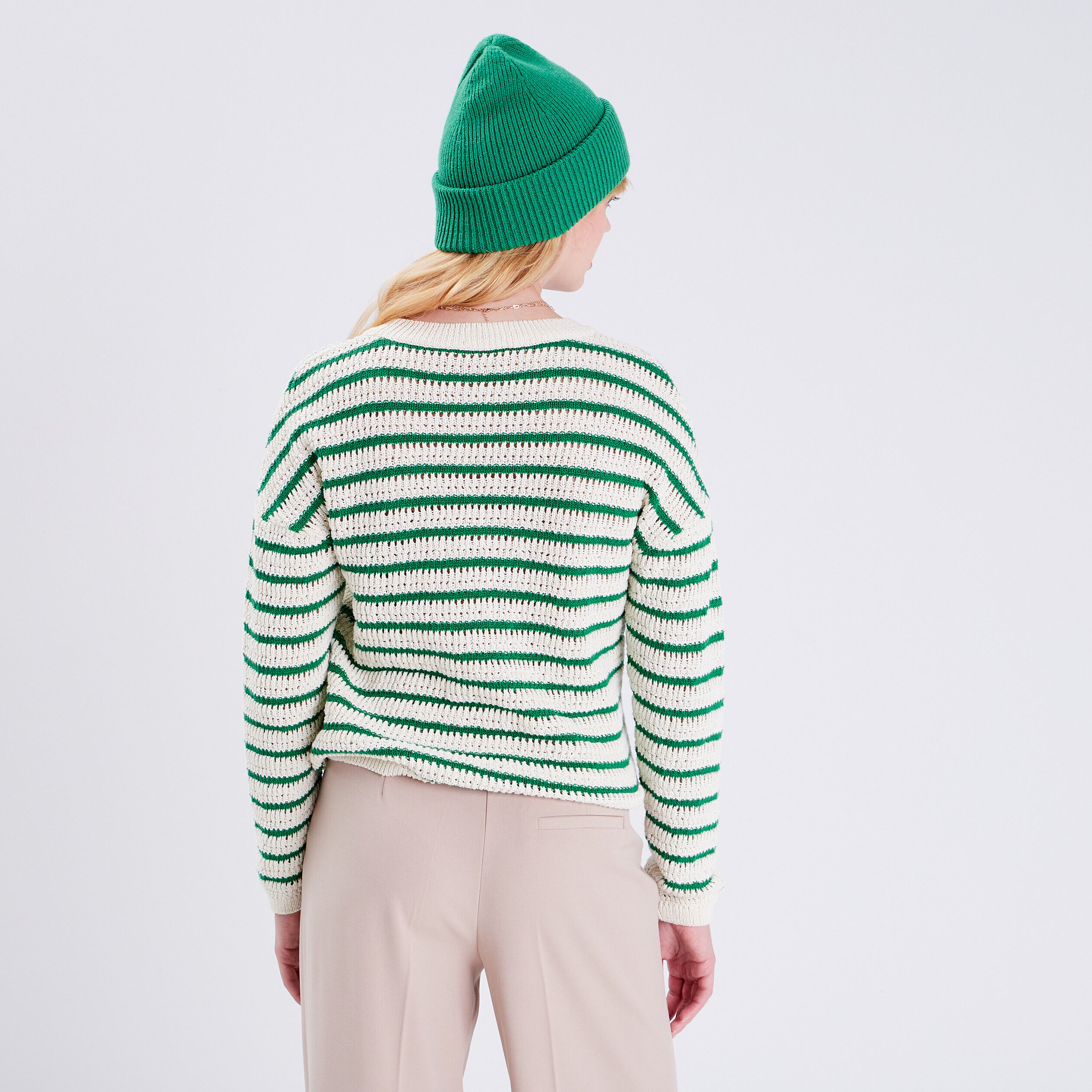 Pull manches longues ajouré vert femme | Cache Cache