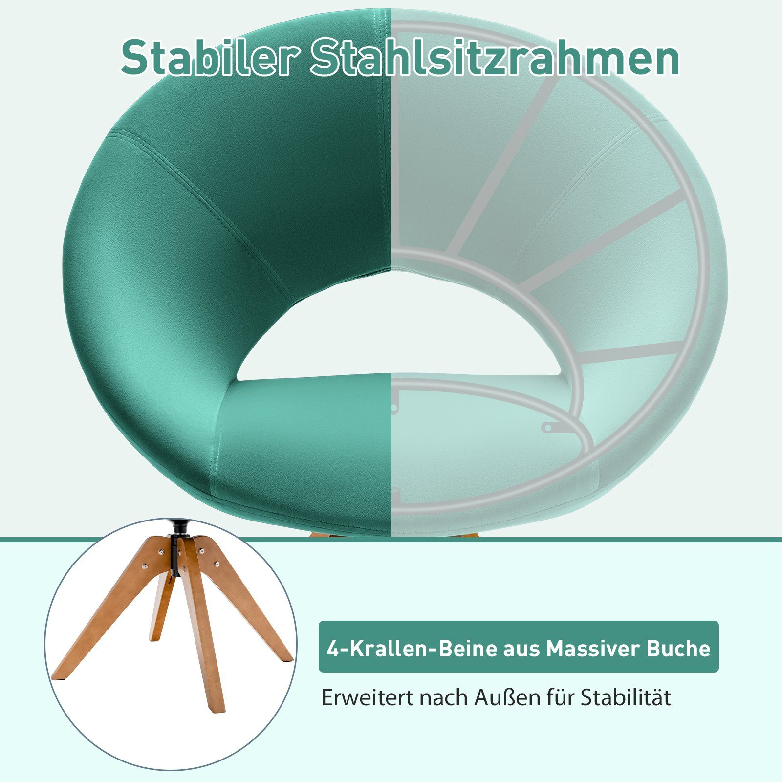 COSTWAY Polsterstuhl, 360° drehbar, mit massiven Holzbeinen, bis 150kg
