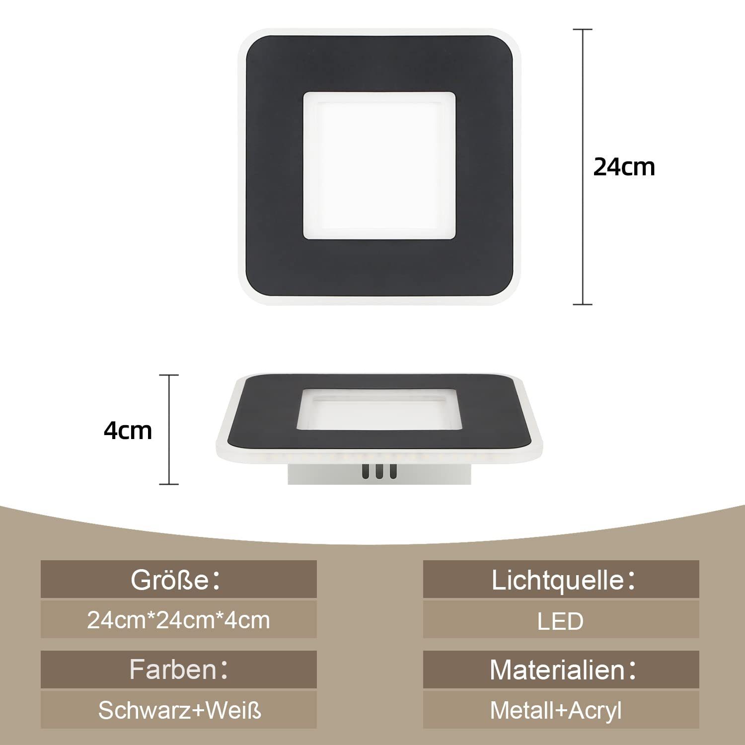 ZMH LED Deckenleuchte Deckenlampe Schwarz und Weiß Flurlampe 24cm Wohnzirmmer, nicht dimmbar, LED fest integriert, Warmweiß, 23W, Quadratisch