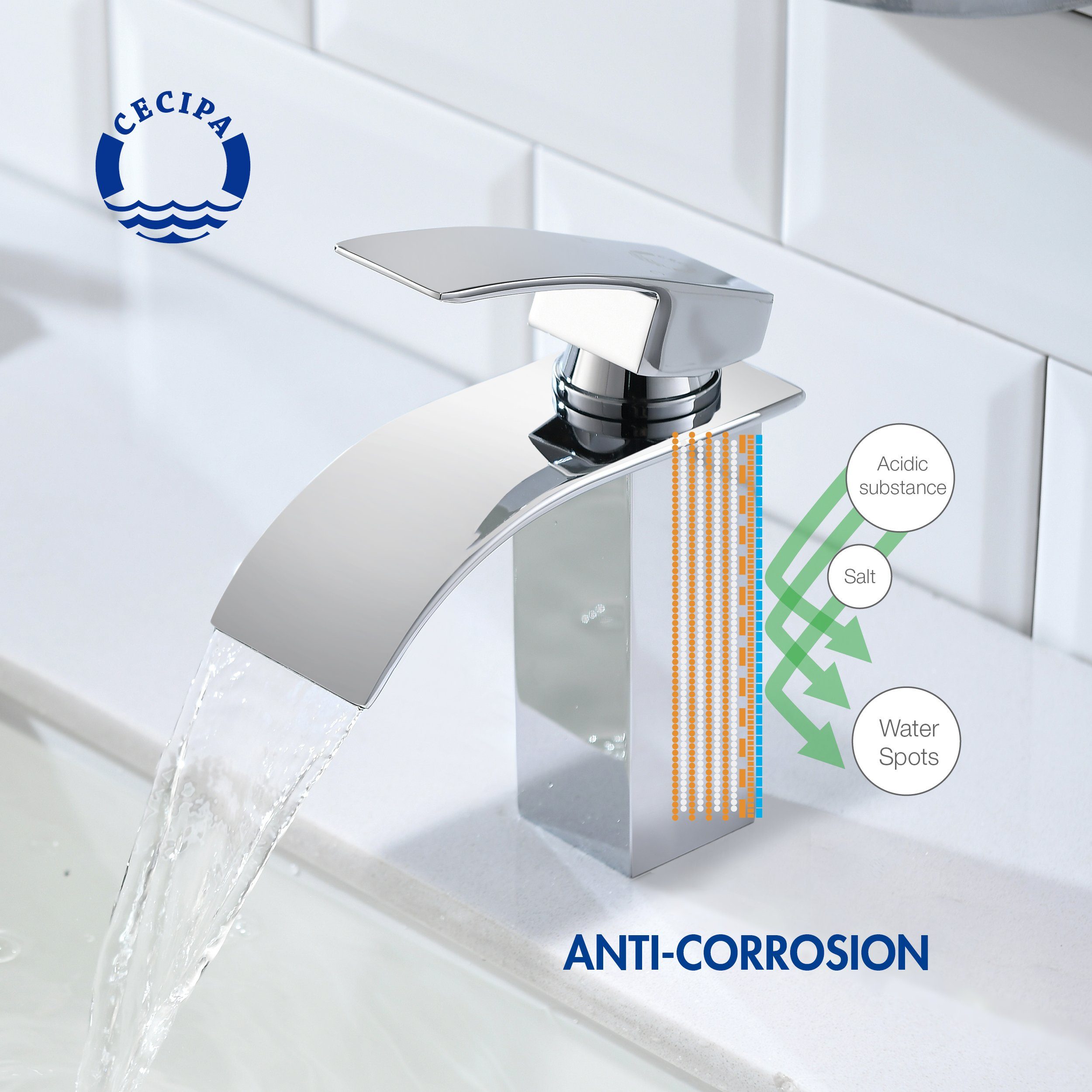 CECIPA Waschtischarmatur Einhebel-Badezimmerarmatur, Wasserfall-Wasserhahn für Badezimmer,Chrom